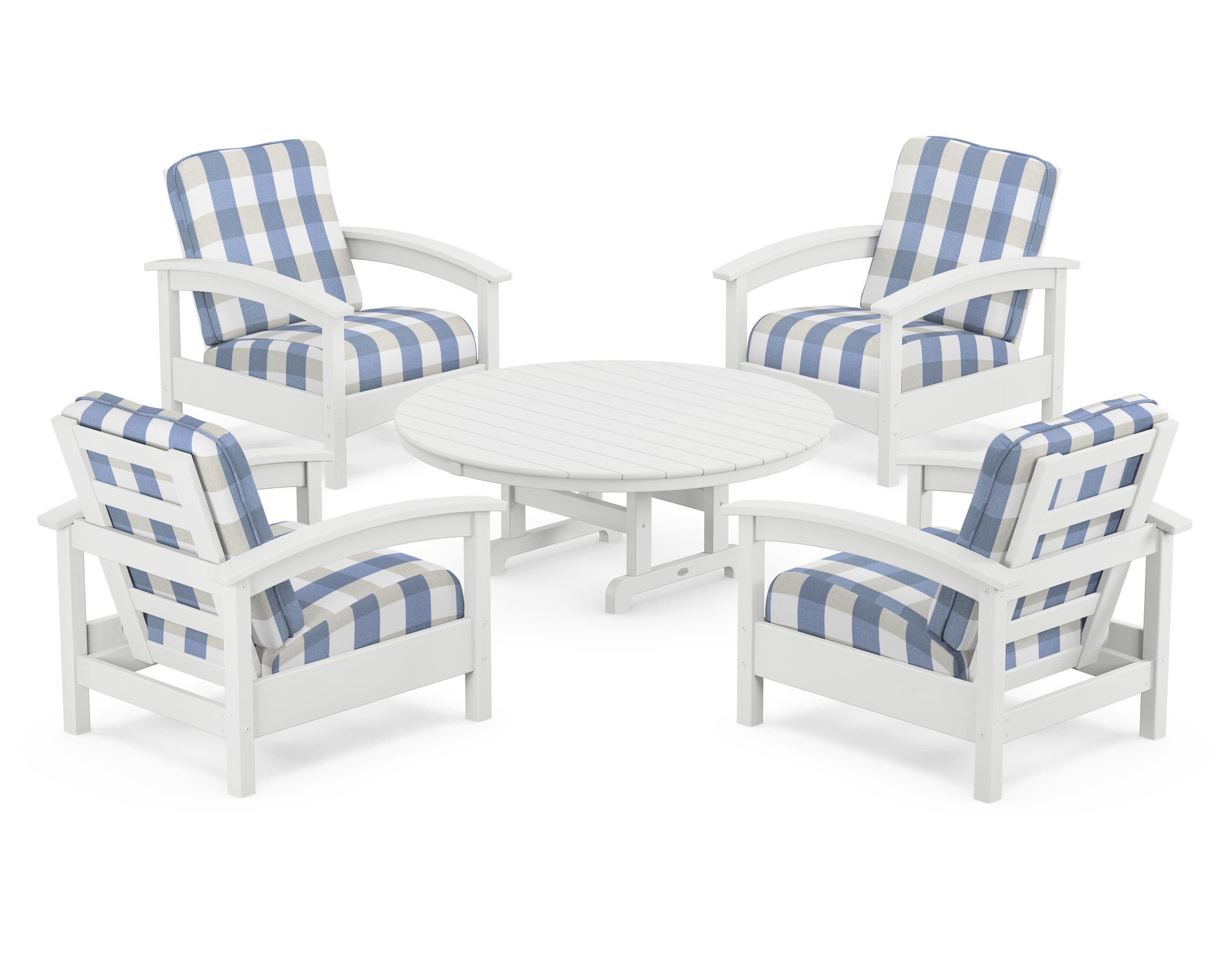 Rockport 5-Piece Deep Seating Set in Classic White / Buffalo Plaid Sky Blue