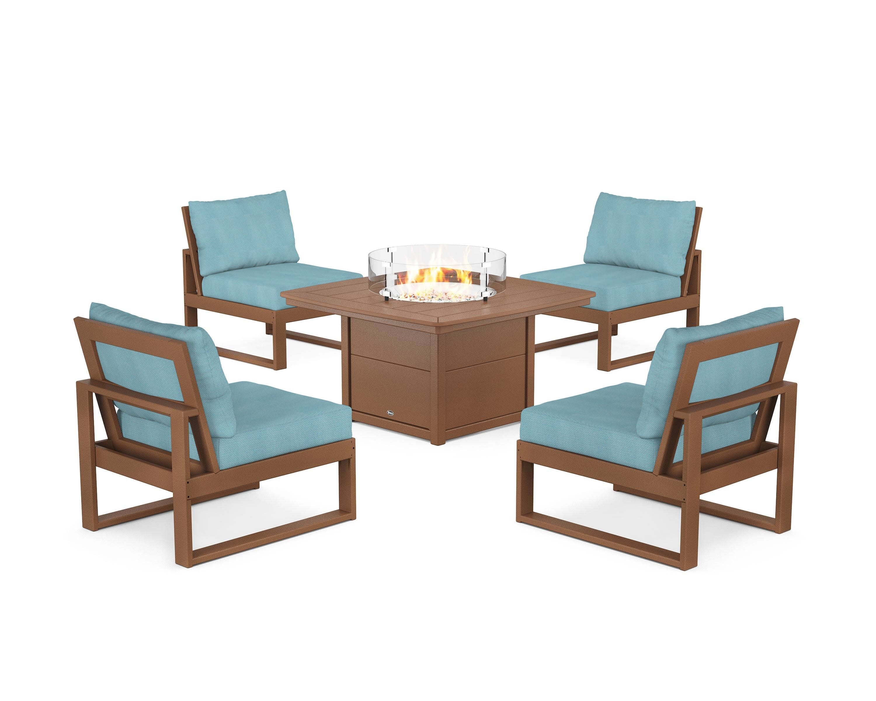 Eastport Modular 5-Piece Deep Seating Set with Yacht Club Fire Pit Table in Tree House / Lattice Sky Blue