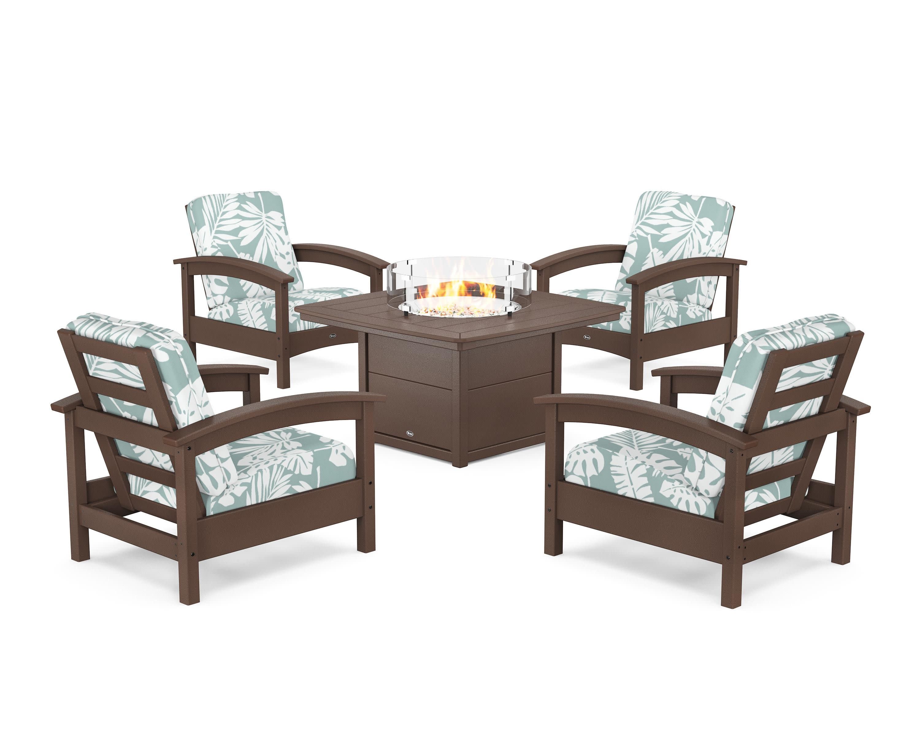 Rockport 5-Piece Deep Seating Set with Yacht Club Fire Pit Table in Vintage Lantern / Leaf Glacier Spa