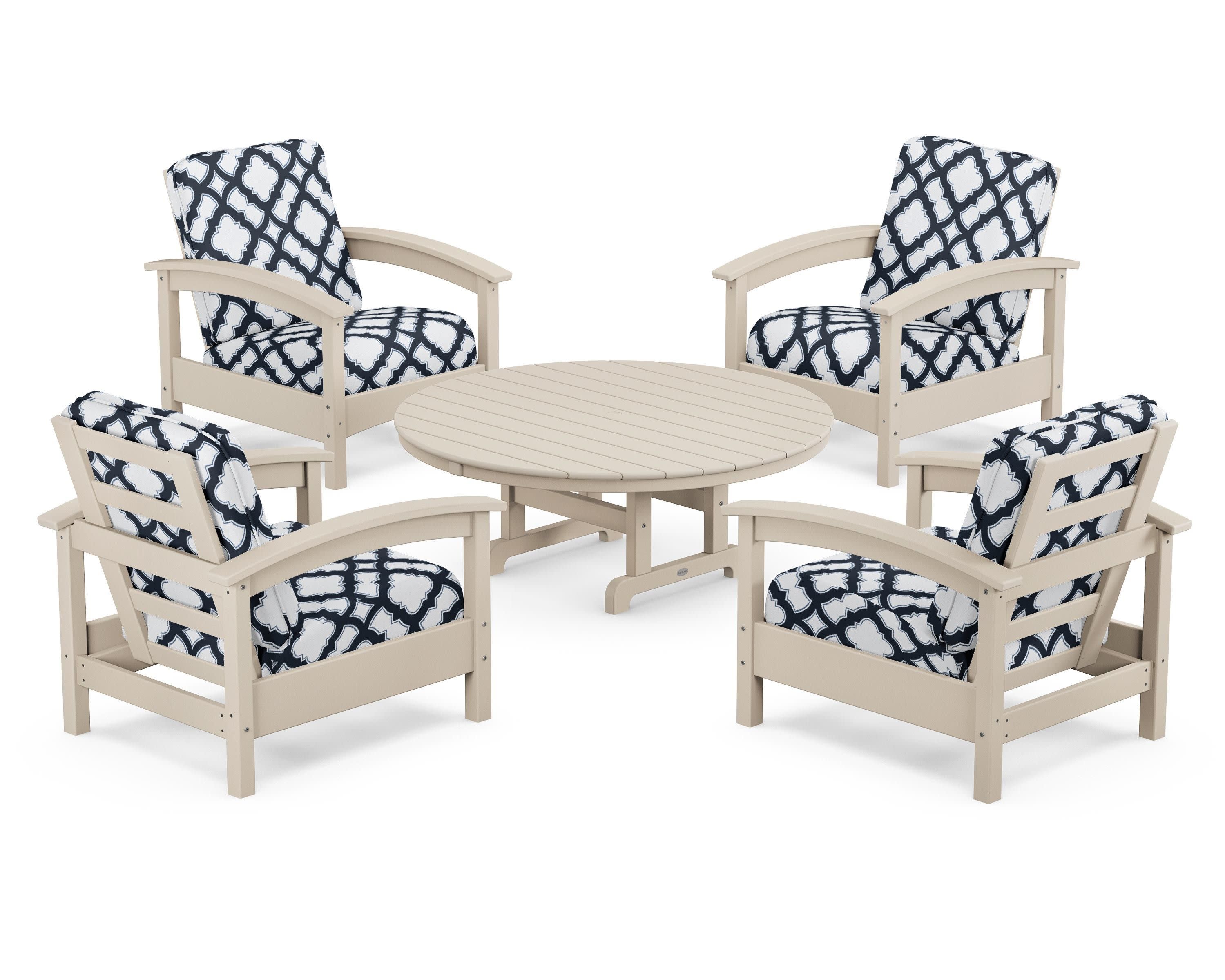 Rockport 5-Piece Deep Seating Set in Sand Castle / Trellis Marine Indigo
