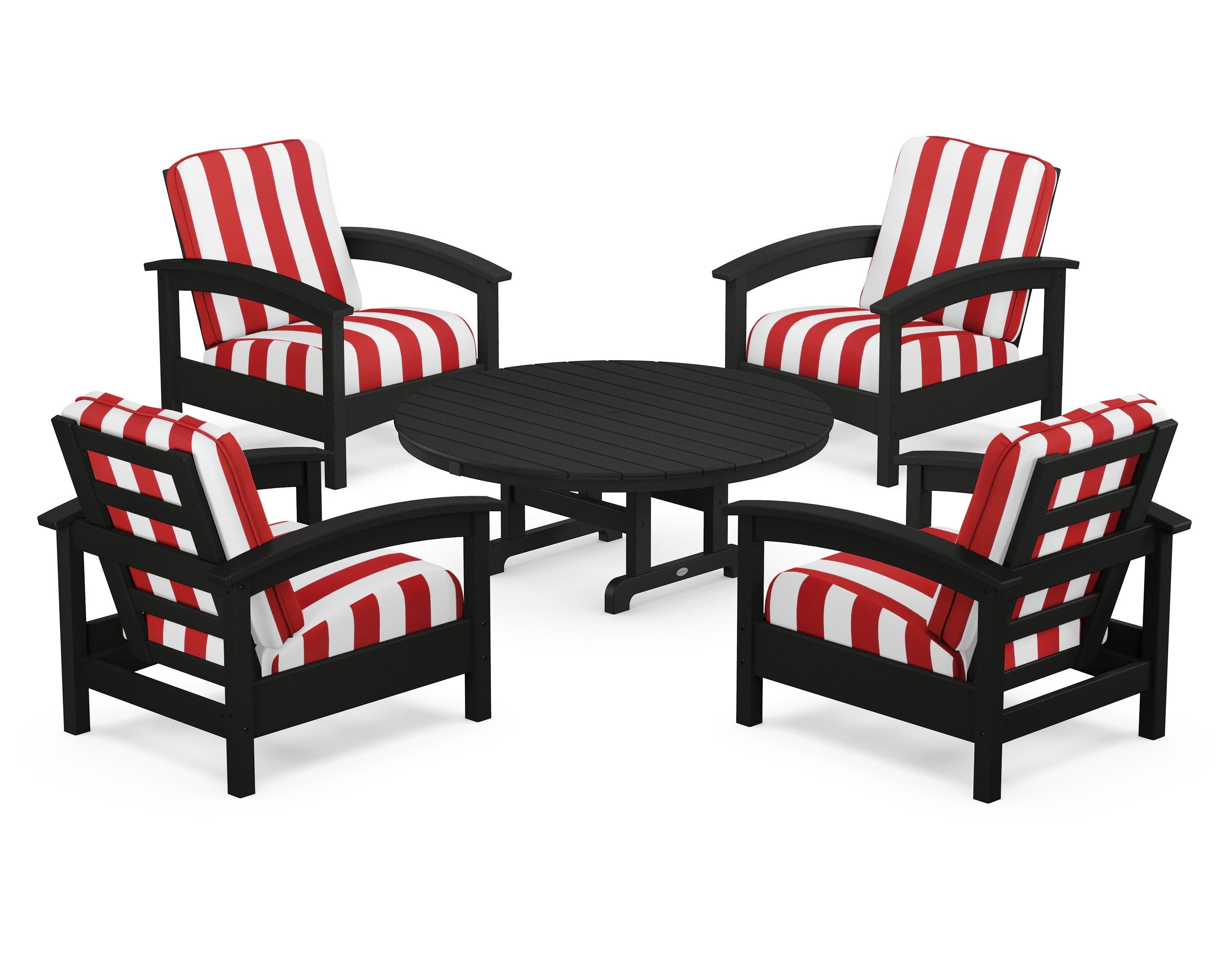 Rockport 5-Piece Deep Seating Set in Charcoal Black / Cabana Stripe Crimson