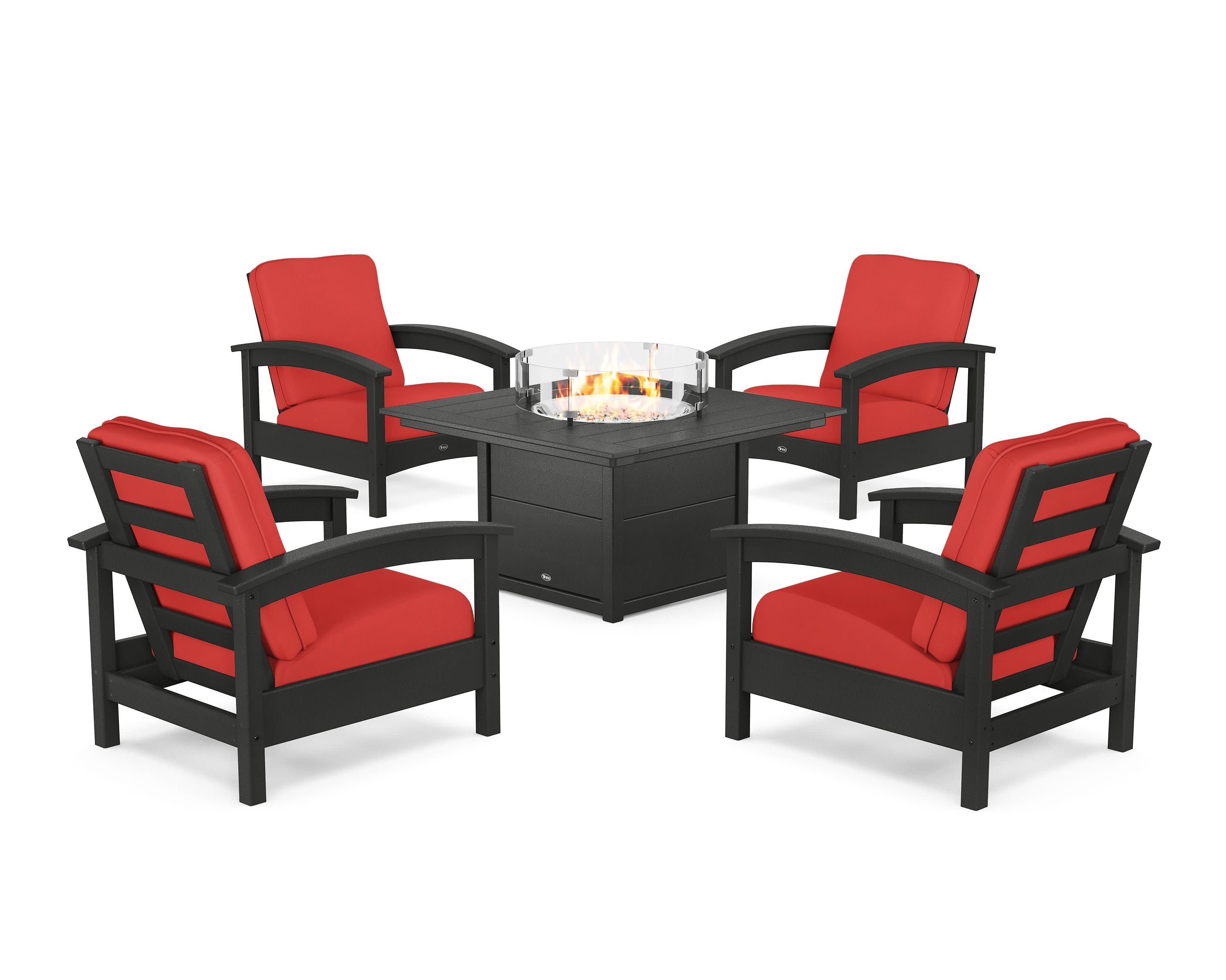 Rockport 5-Piece Deep Seating Set with Square Fire Pit Table in Charcoal Black / Crimson Linen