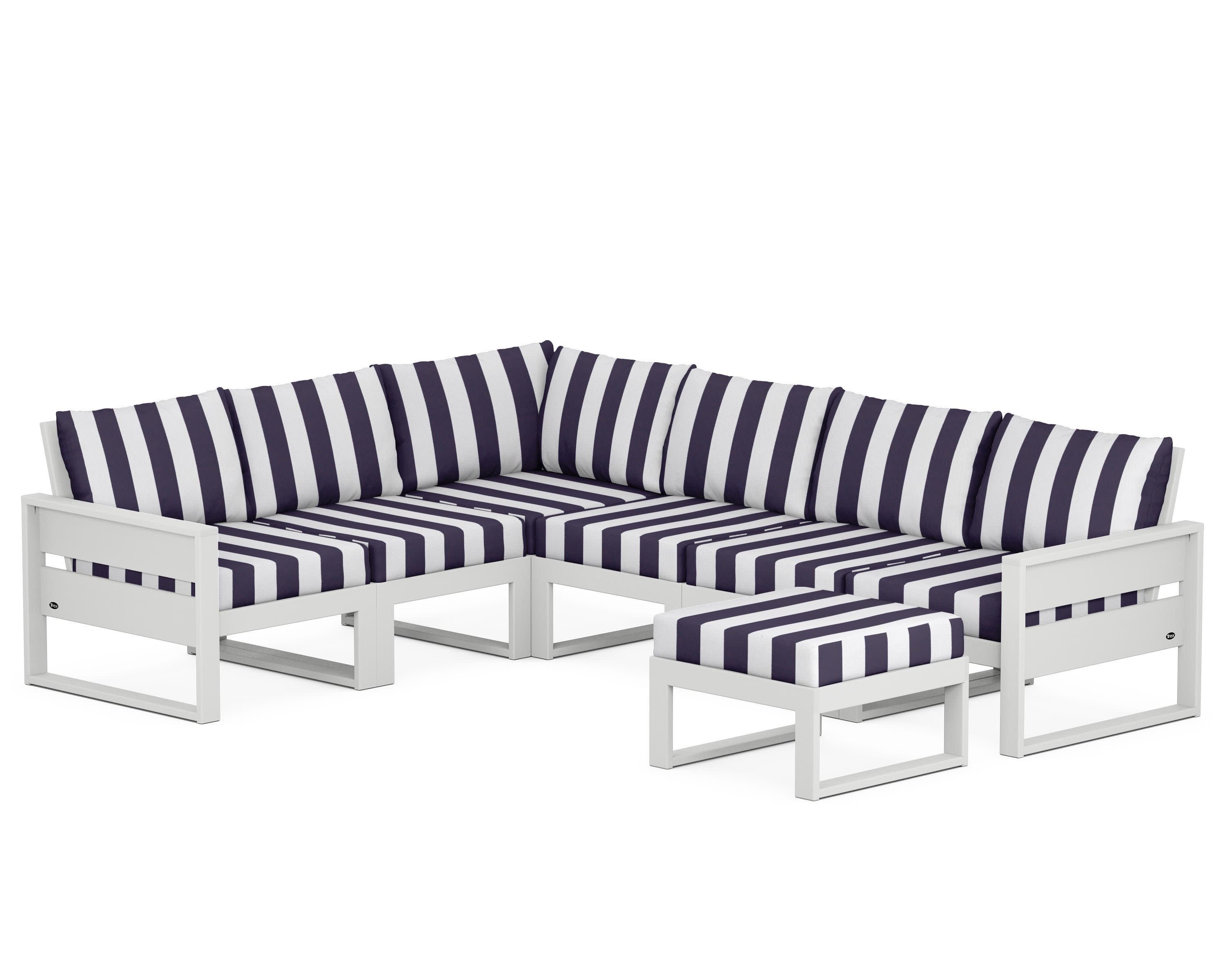 Eastport 6-Piece Sectional with Ottoman in Classic White / Cabana Stripe Navy