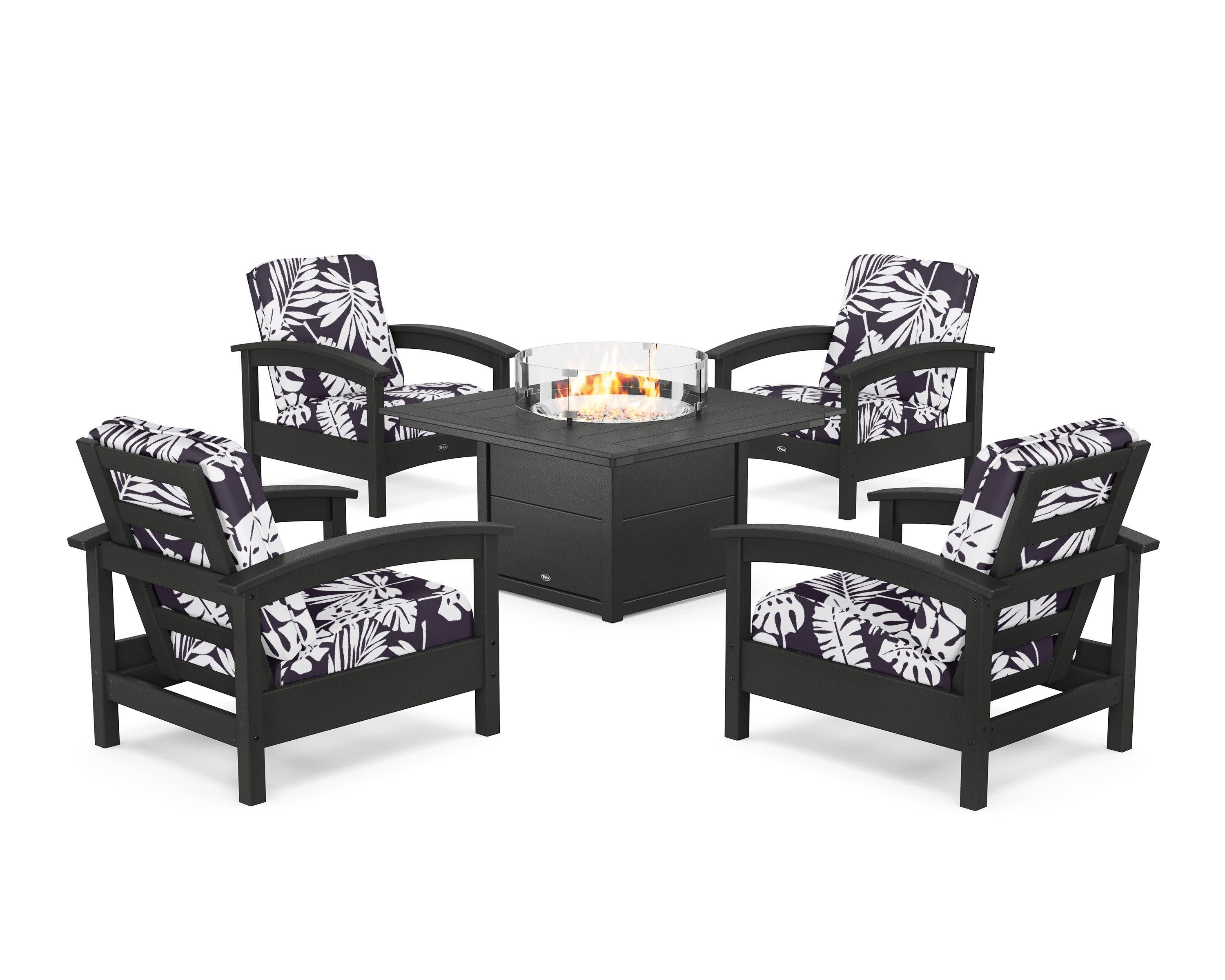 Rockport 5-Piece Deep Seating Set with Square Fire Pit Table in Charcoal Black / Leaf Navy