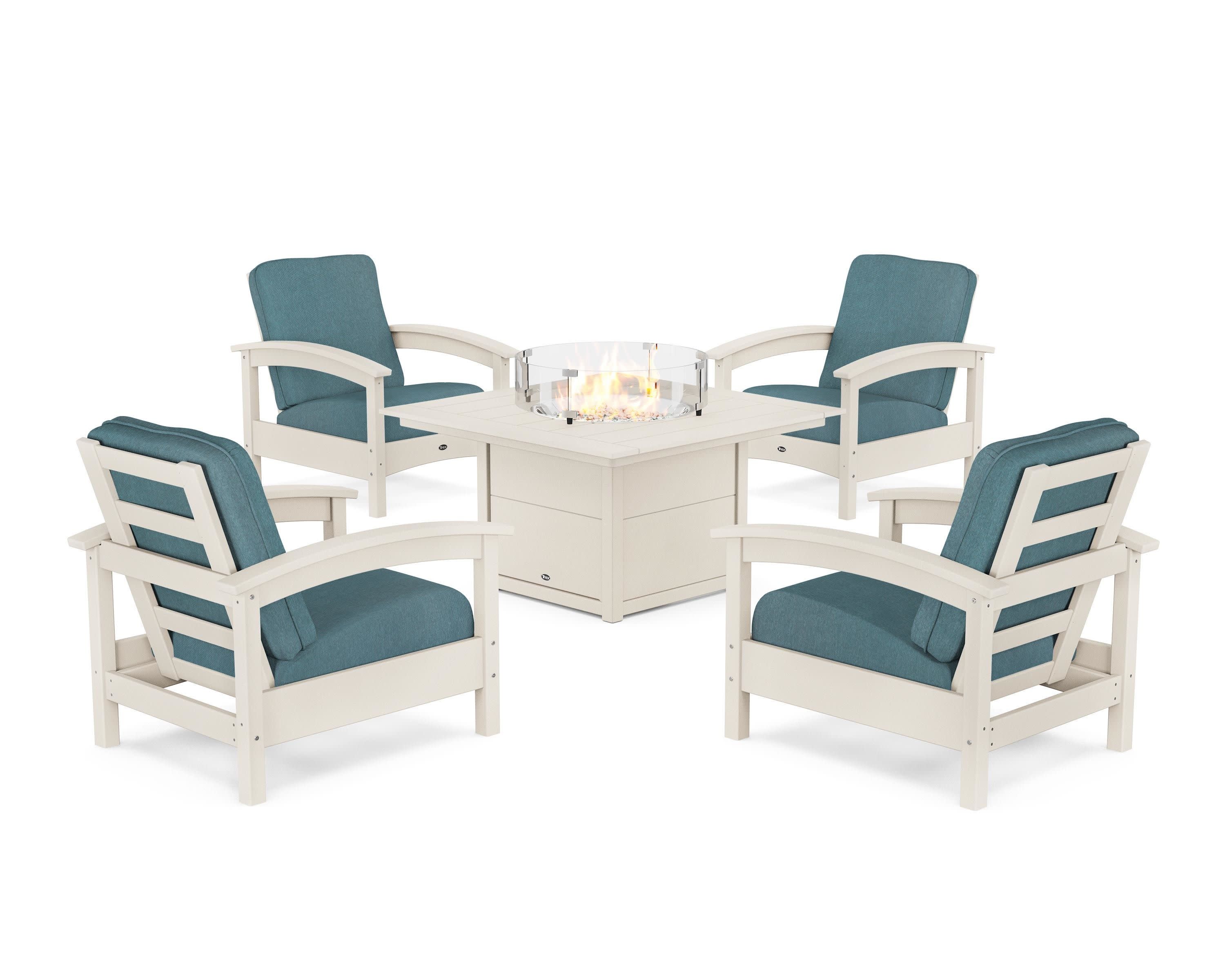 Rockport 5-Piece Deep Seating Set with Square Fire Pit Table in Sand Castle / Ocean Teal