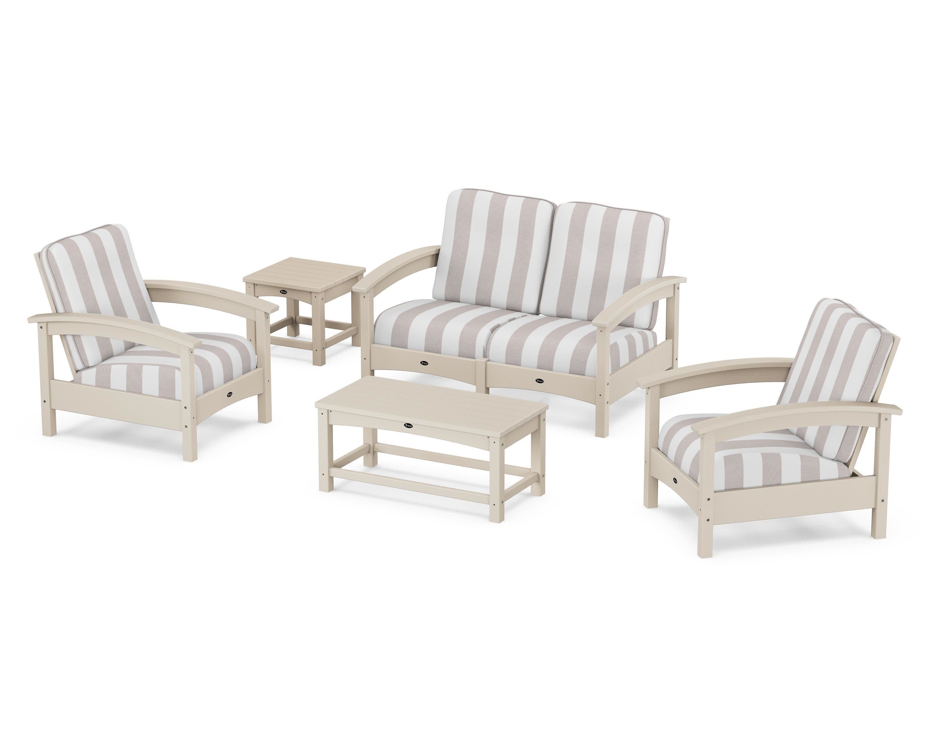 Rockport Club 6-Piece Deep Seating Conversation Set in Sand Castle / Cabana Stripe Dune Burlap