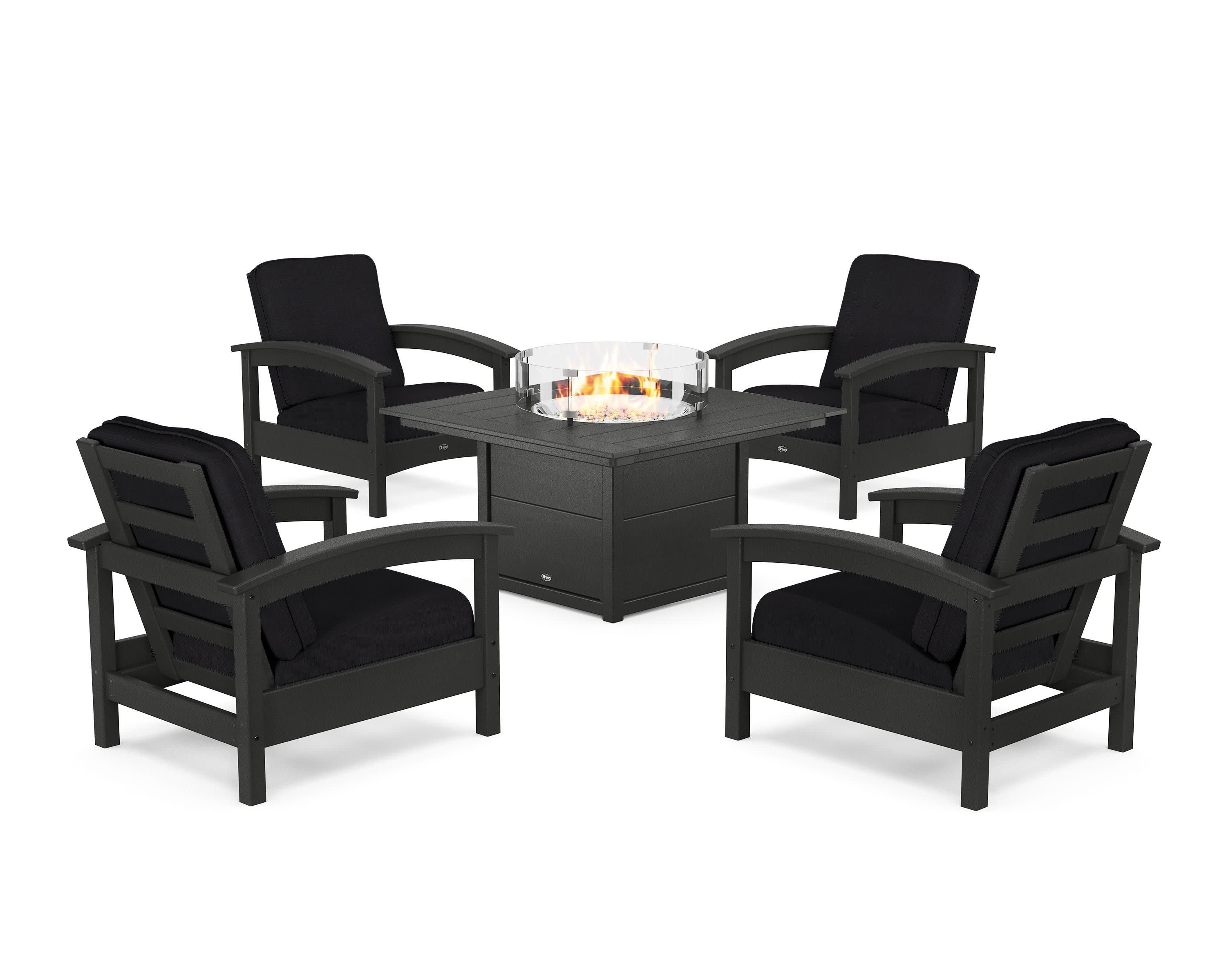 Rockport 5-Piece Deep Seating Set with Square Fire Pit Table in Charcoal Black / Midnight Linen