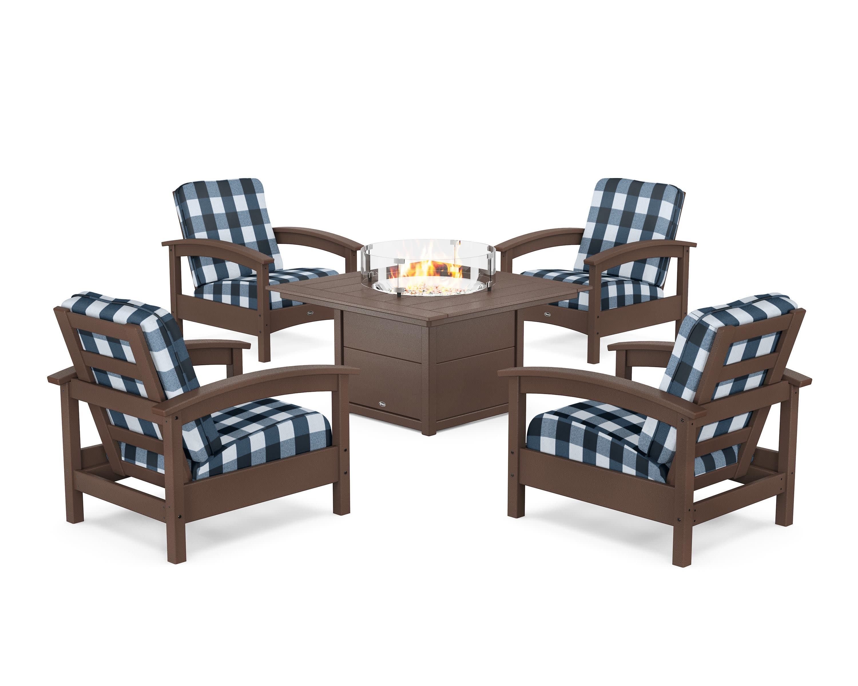 Rockport 5-Piece Deep Seating Set with Square Fire Pit Table in Vintage Lantern / Buffalo Plaid Marine Indigo