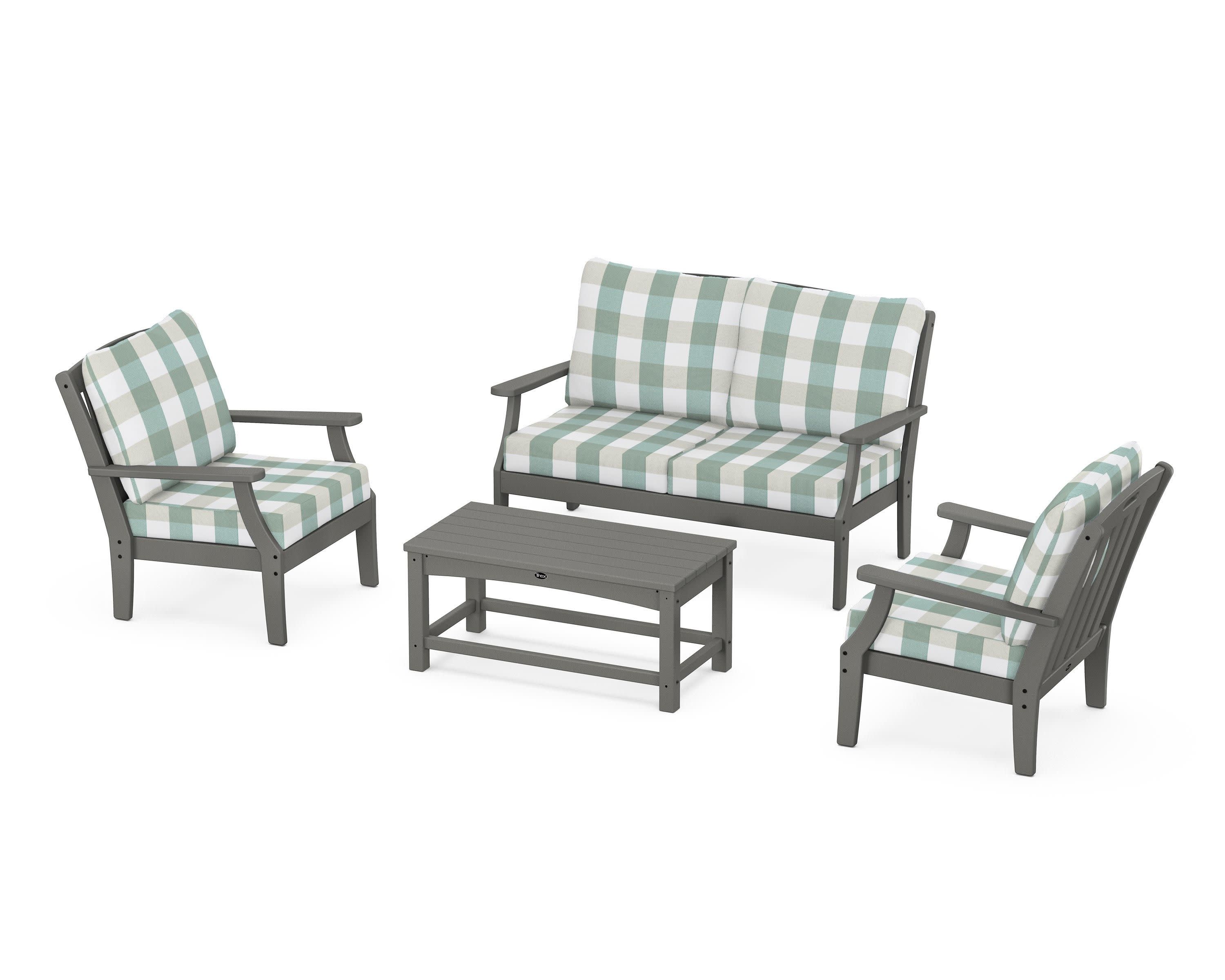 Yacht Club 4-Piece Deep Seating Chair Set in Stepping Stone / Buffalo Plaid Glacier Spa