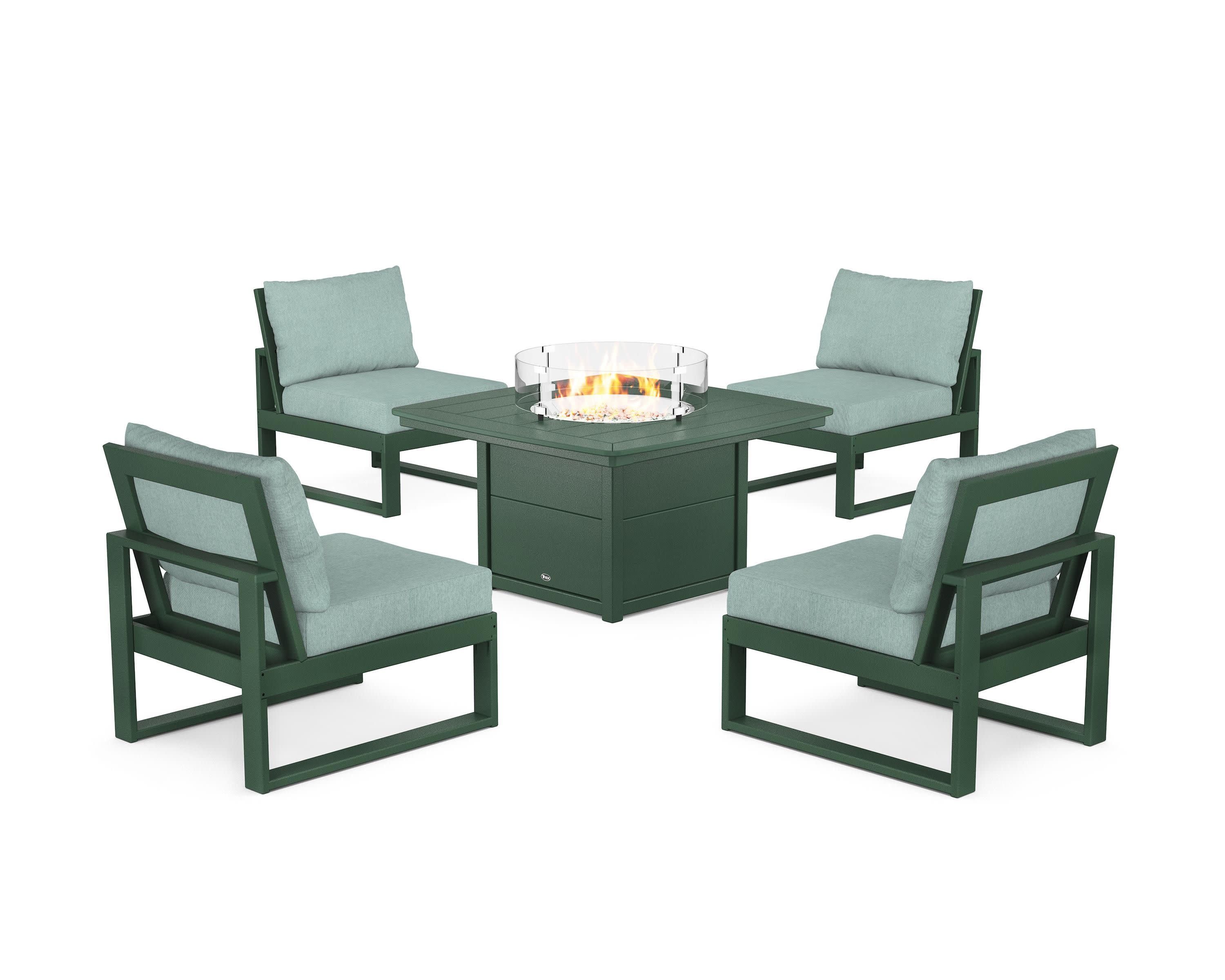 Eastport Modular 5-Piece Deep Seating Set with Yacht Club Fire Pit Table in Rainforest Canopy / Glacier Spa
