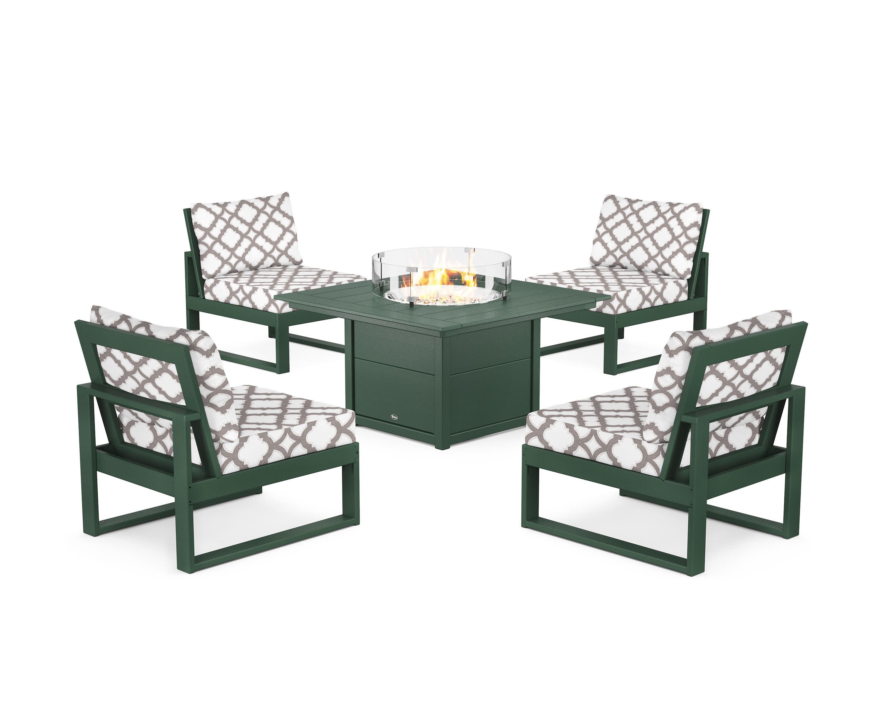 Eastport Modular 5-Piece Deep Seating Set with Square Fire Pit Table in Rainforest Canopy / Trellis Grey Mist