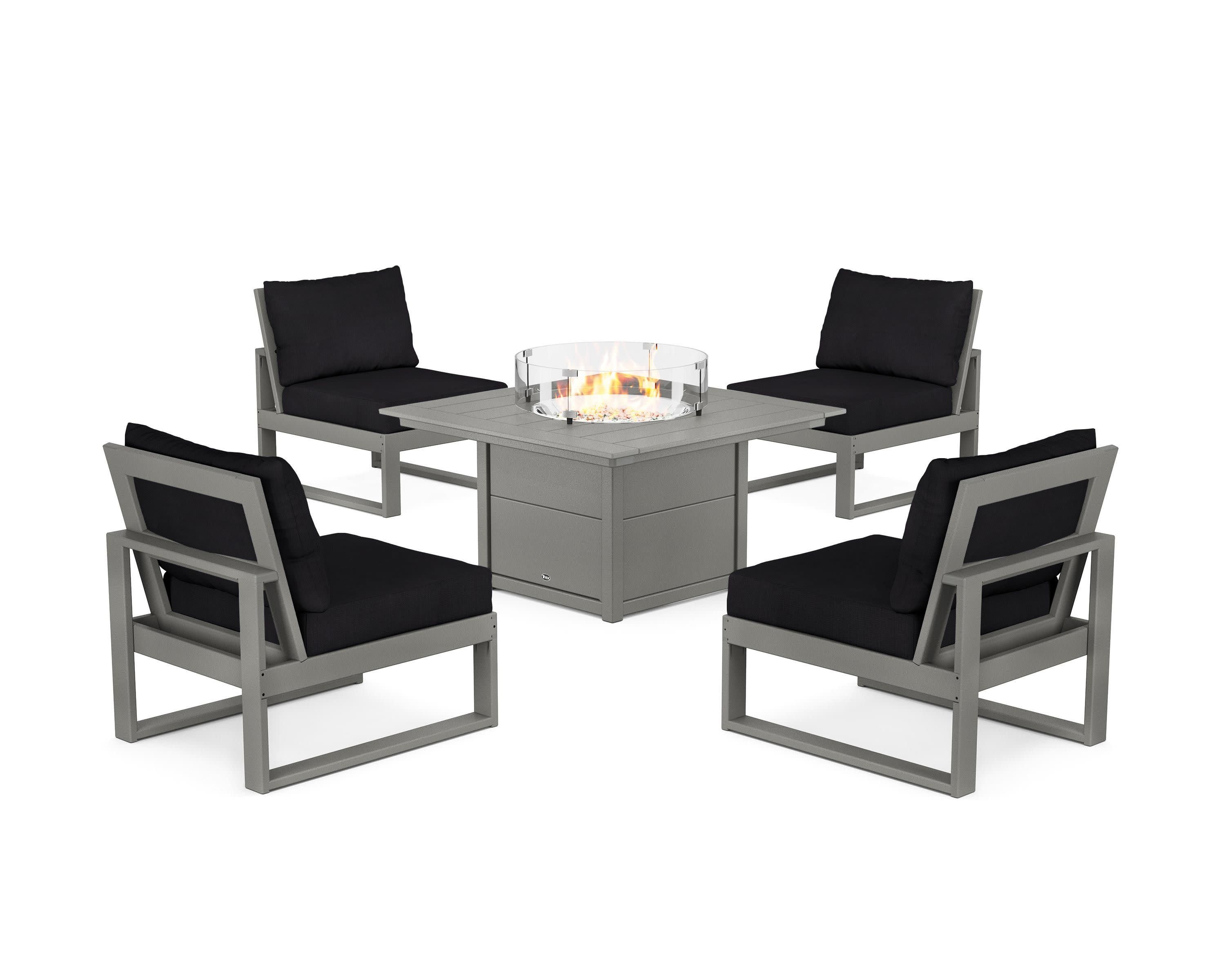 Eastport Modular 5-Piece Deep Seating Set with Square Fire Pit Table in Stepping Stone / Midnight Linen