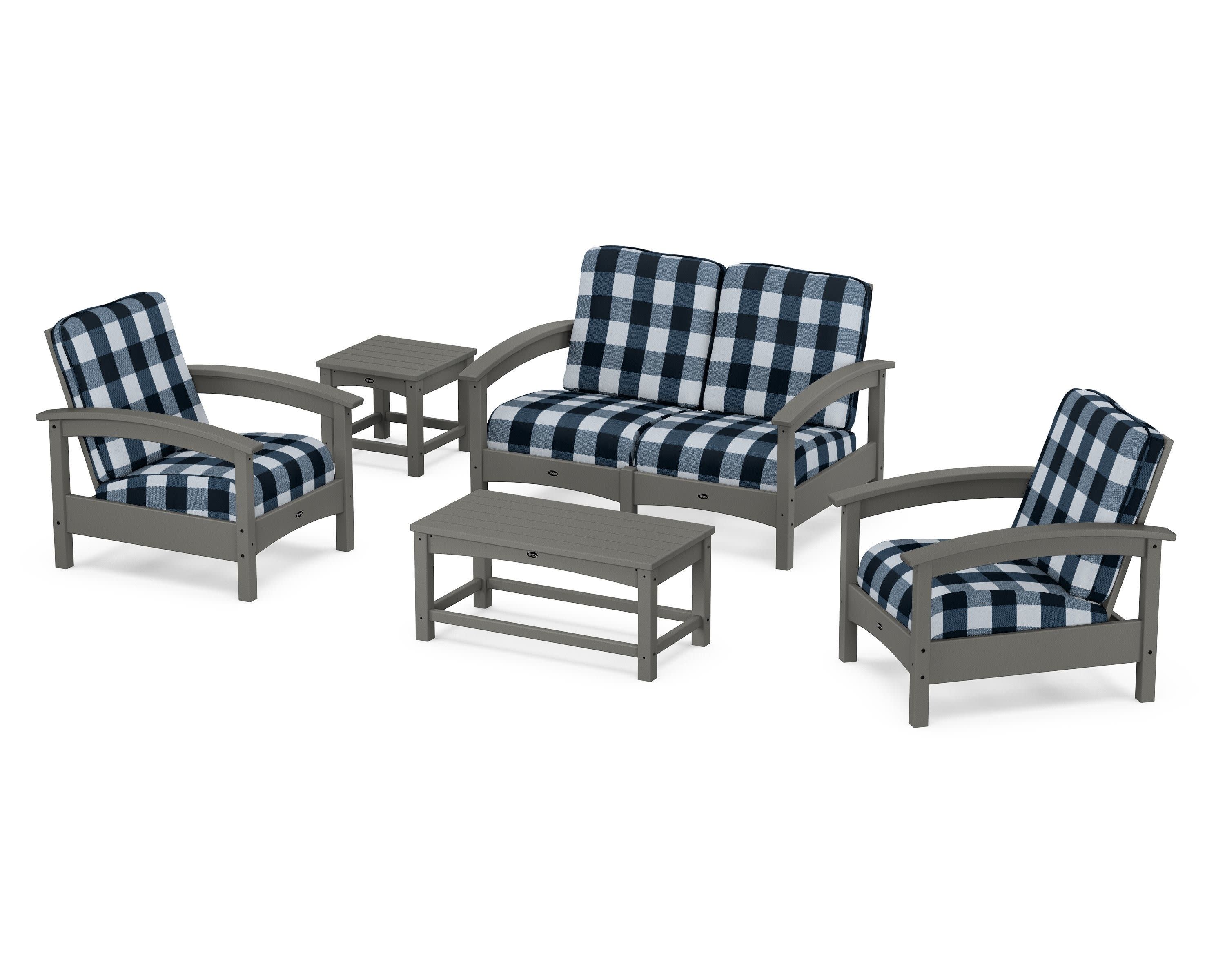 Rockport Club 6-Piece Deep Seating Conversation Set in Stepping Stone / Buffalo Plaid Marine Indigo