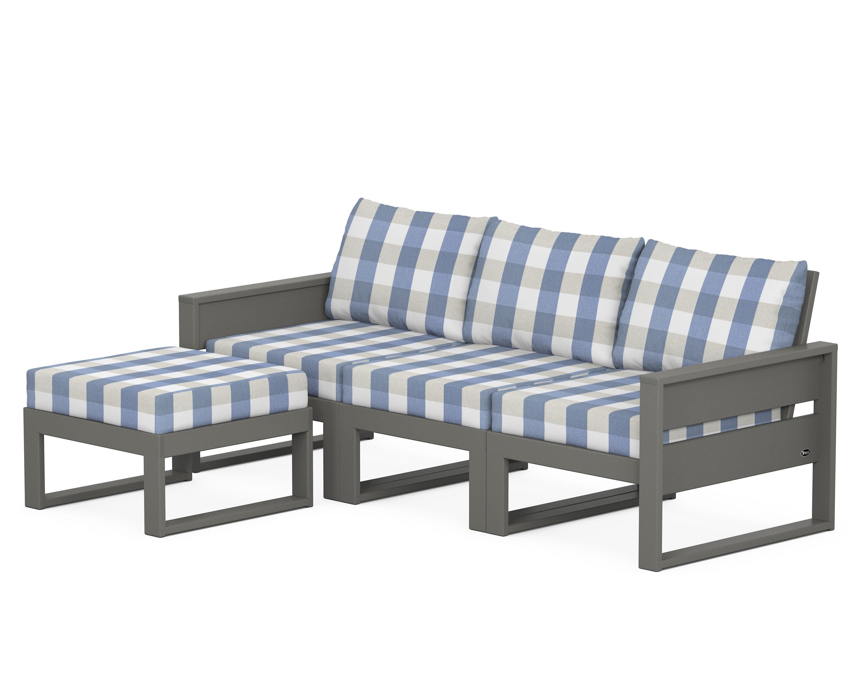 Eastport 4- Piece Sectional with Ottoman in Stepping Stone / Buffalo Plaid Sky Blue