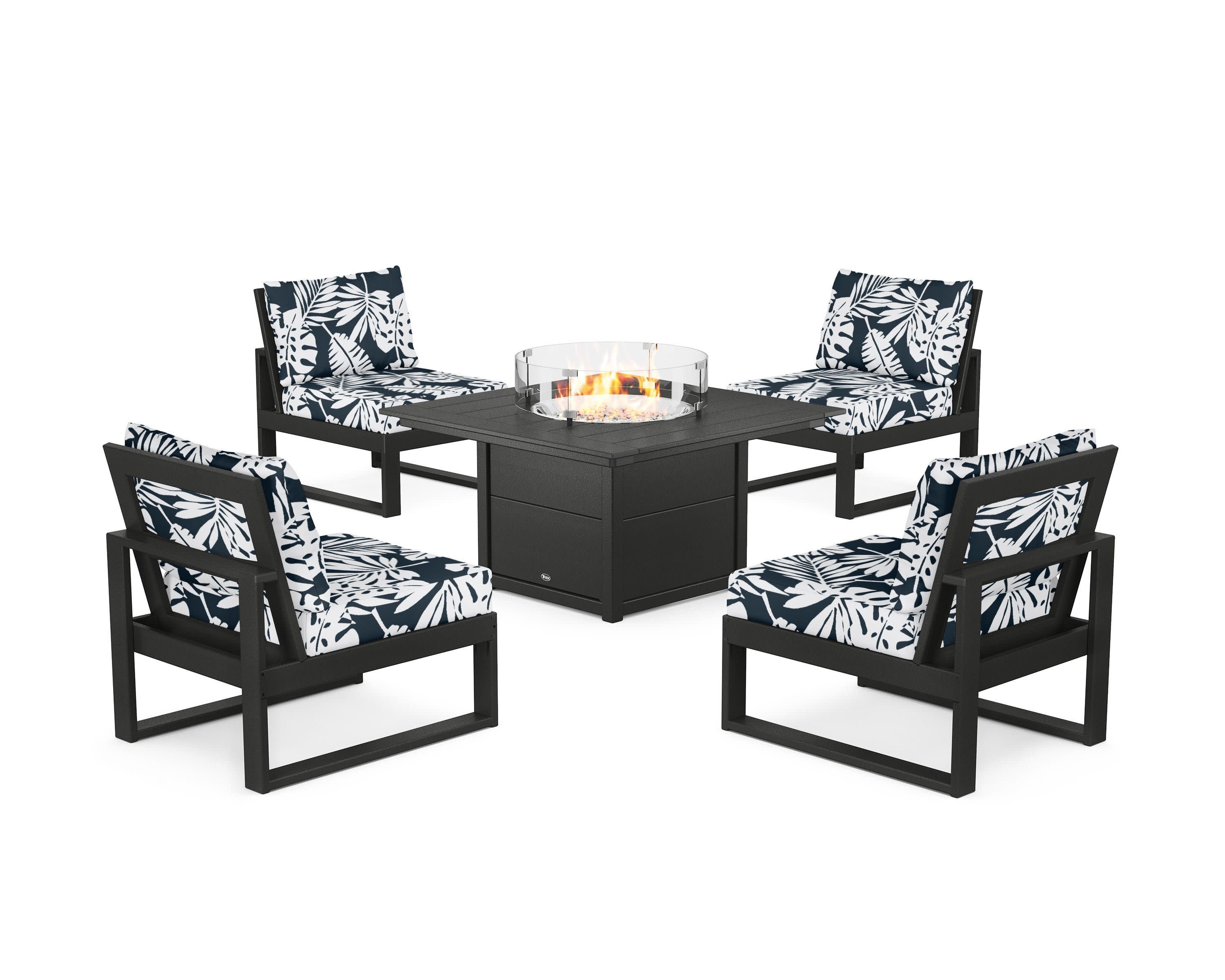 Eastport Modular 5-Piece Deep Seating Set with Square Fire Pit Table in Charcoal Black / Leaf Marine Indigo
