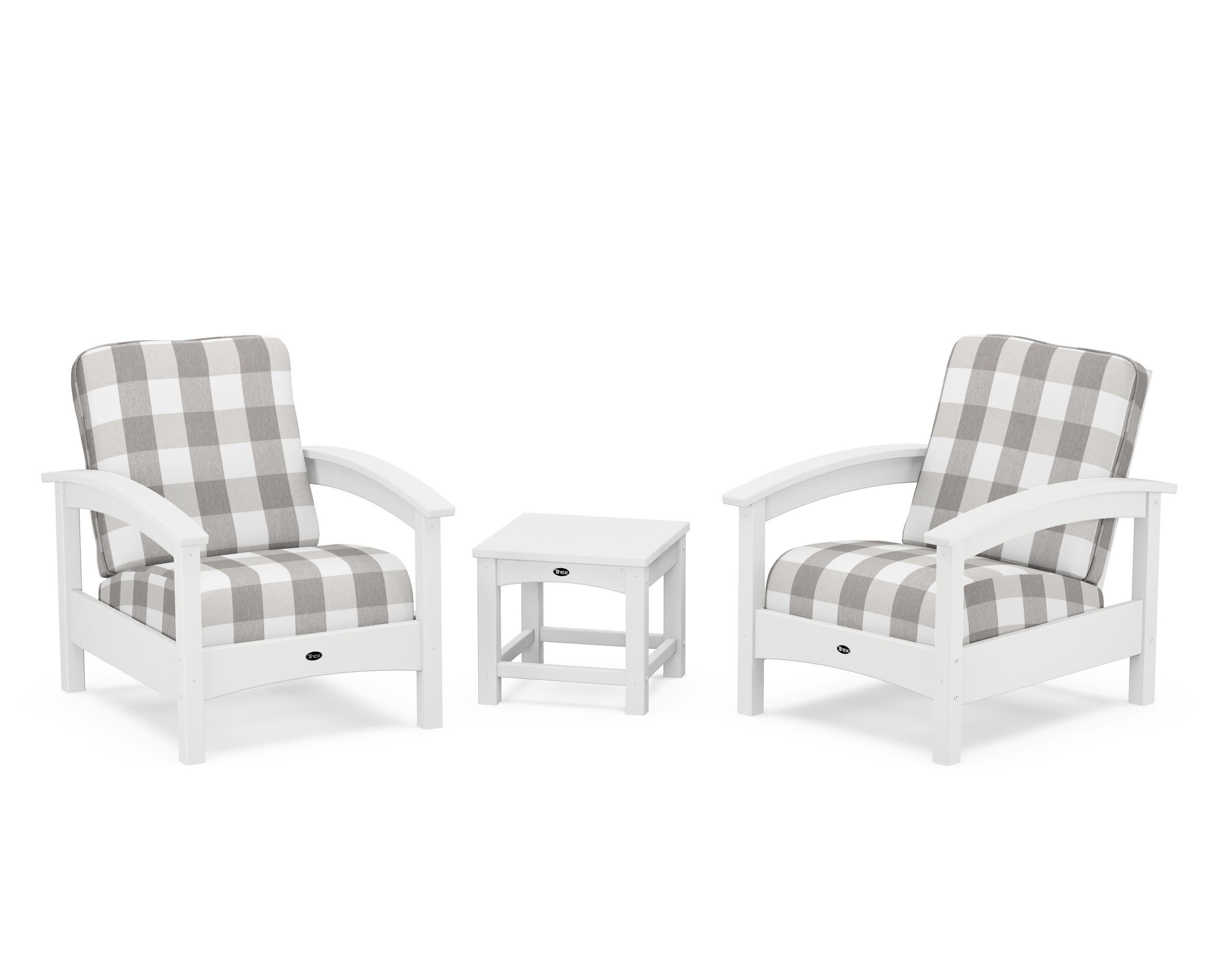 Rockport Club 3-Piece Deep Seating Conversation Set in Classic White / Buffalo Plaid Grey Mist
