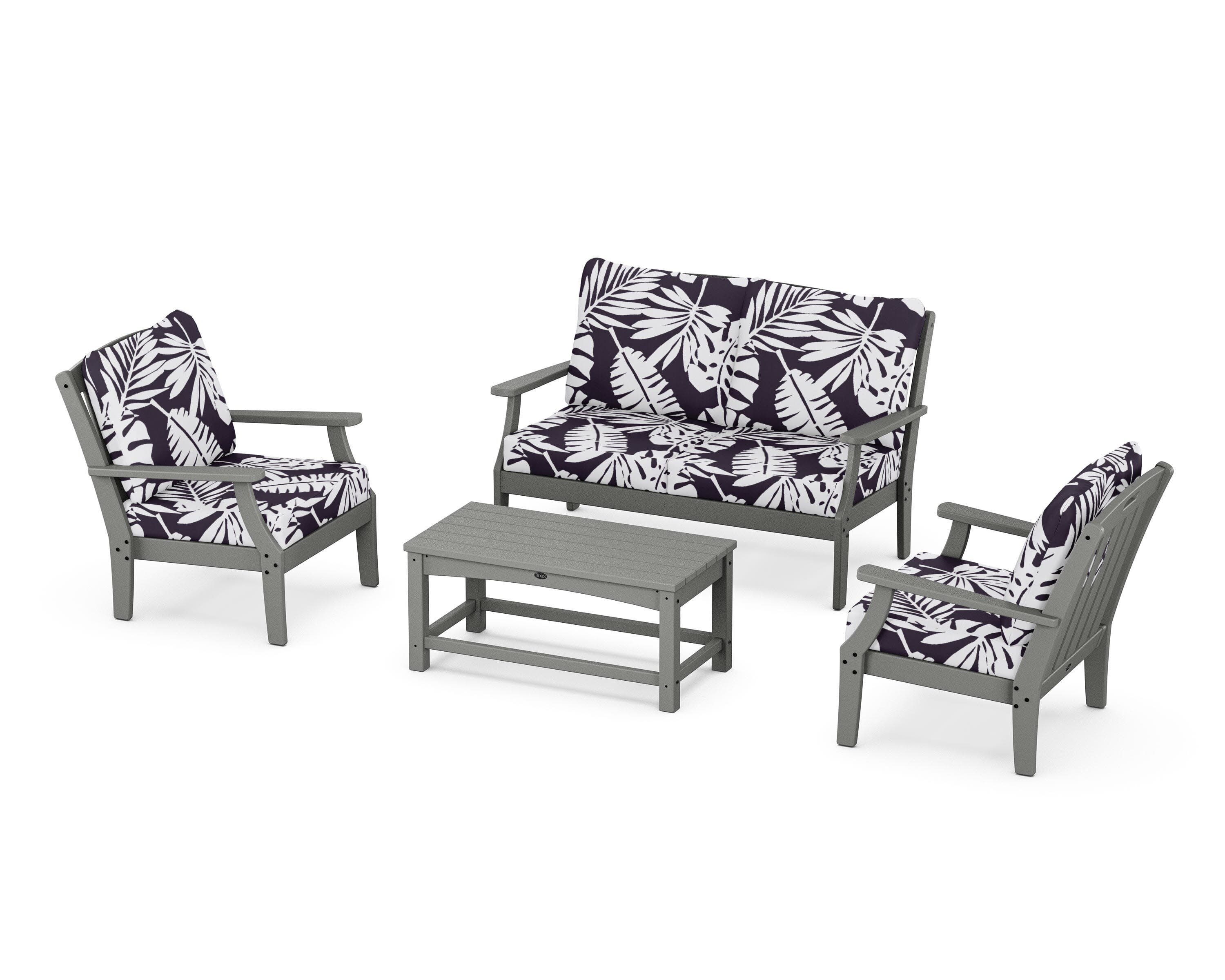 Yacht Club 4-Piece Deep Seating Chair Set in Stepping Stone / Leaf Navy