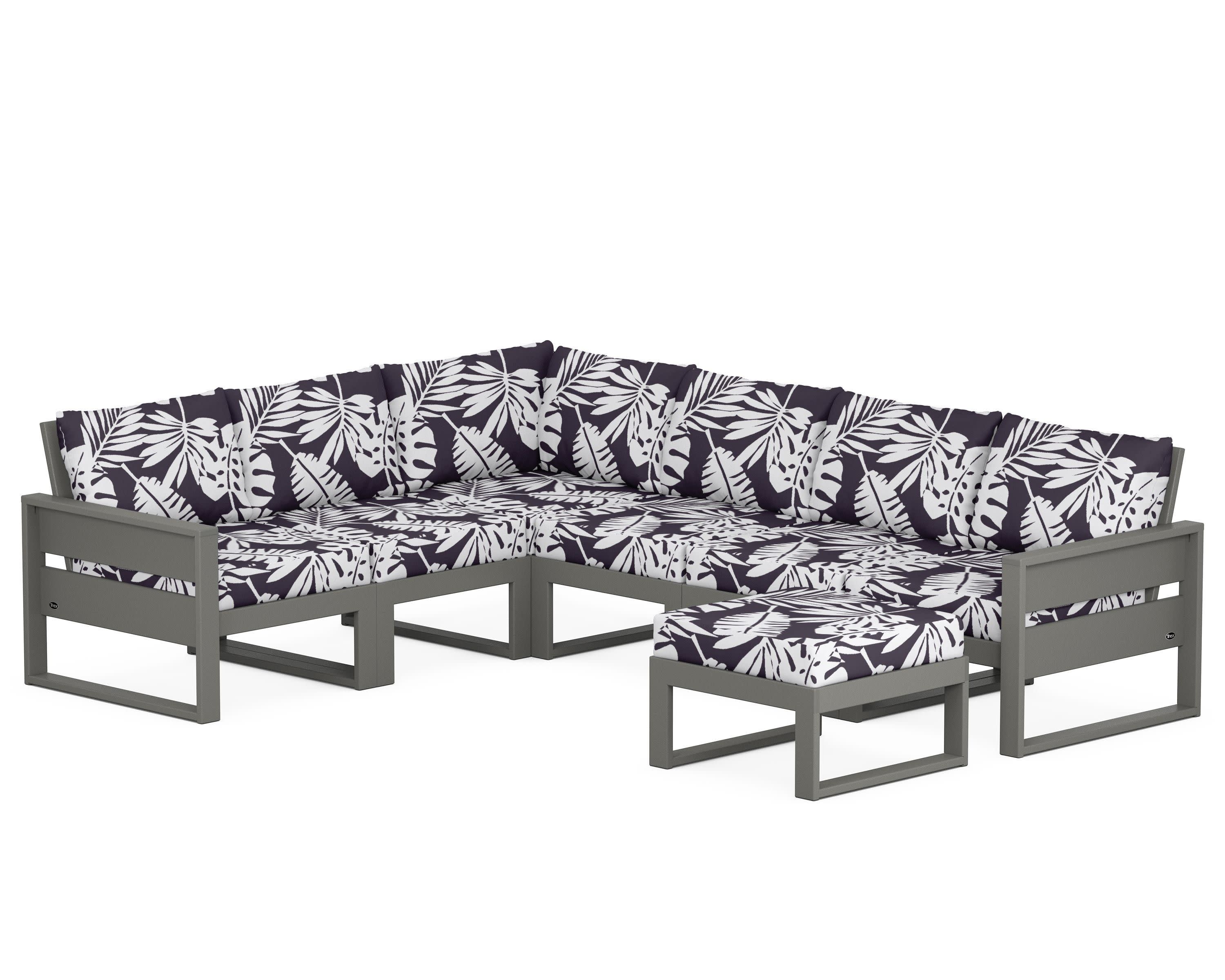 Eastport 6-Piece Sectional with Ottoman in Stepping Stone / Leaf Navy