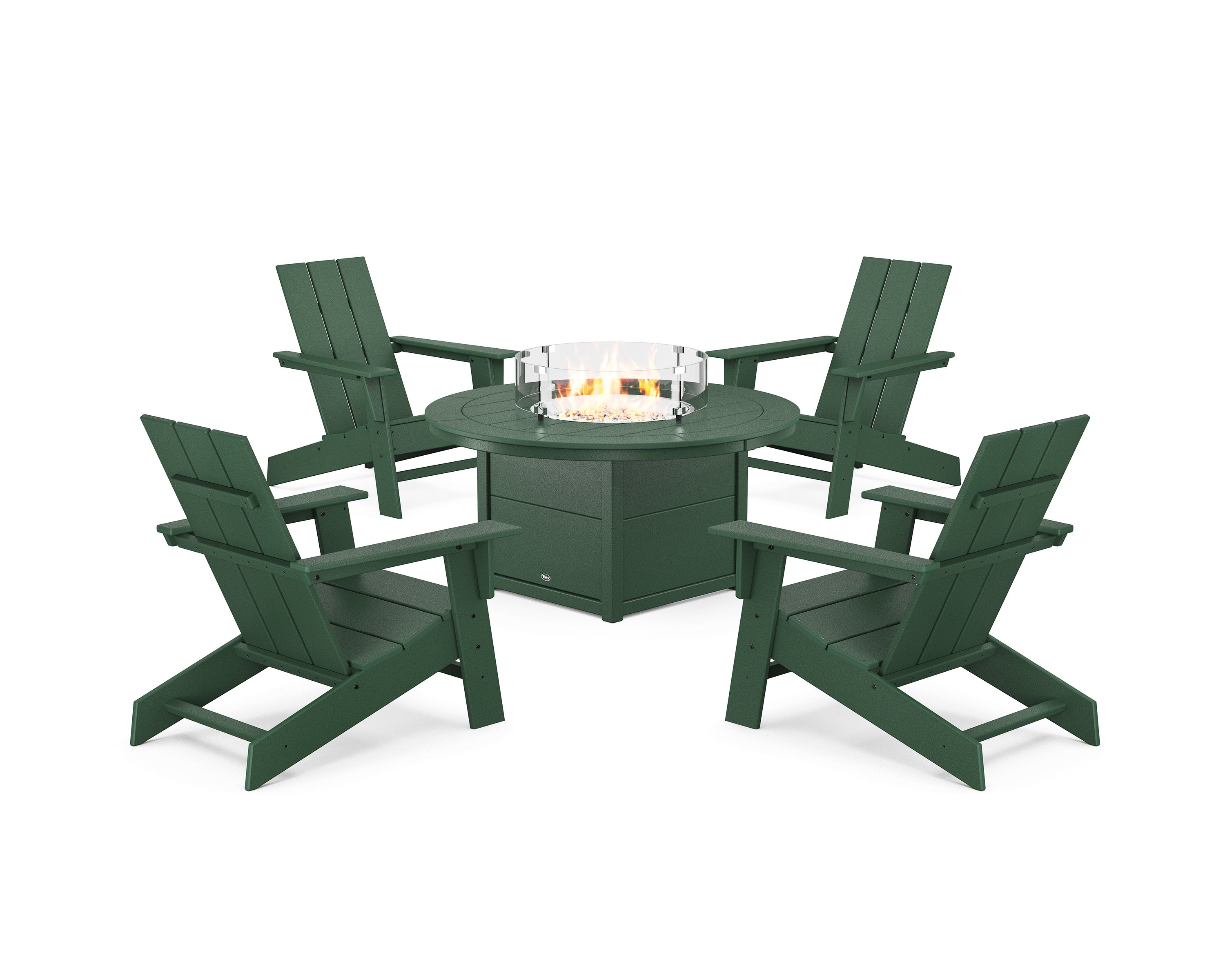 Eastport Modern Adirondack 5-Piece Set with Round Fire Pit Table in Rainforest Canopy