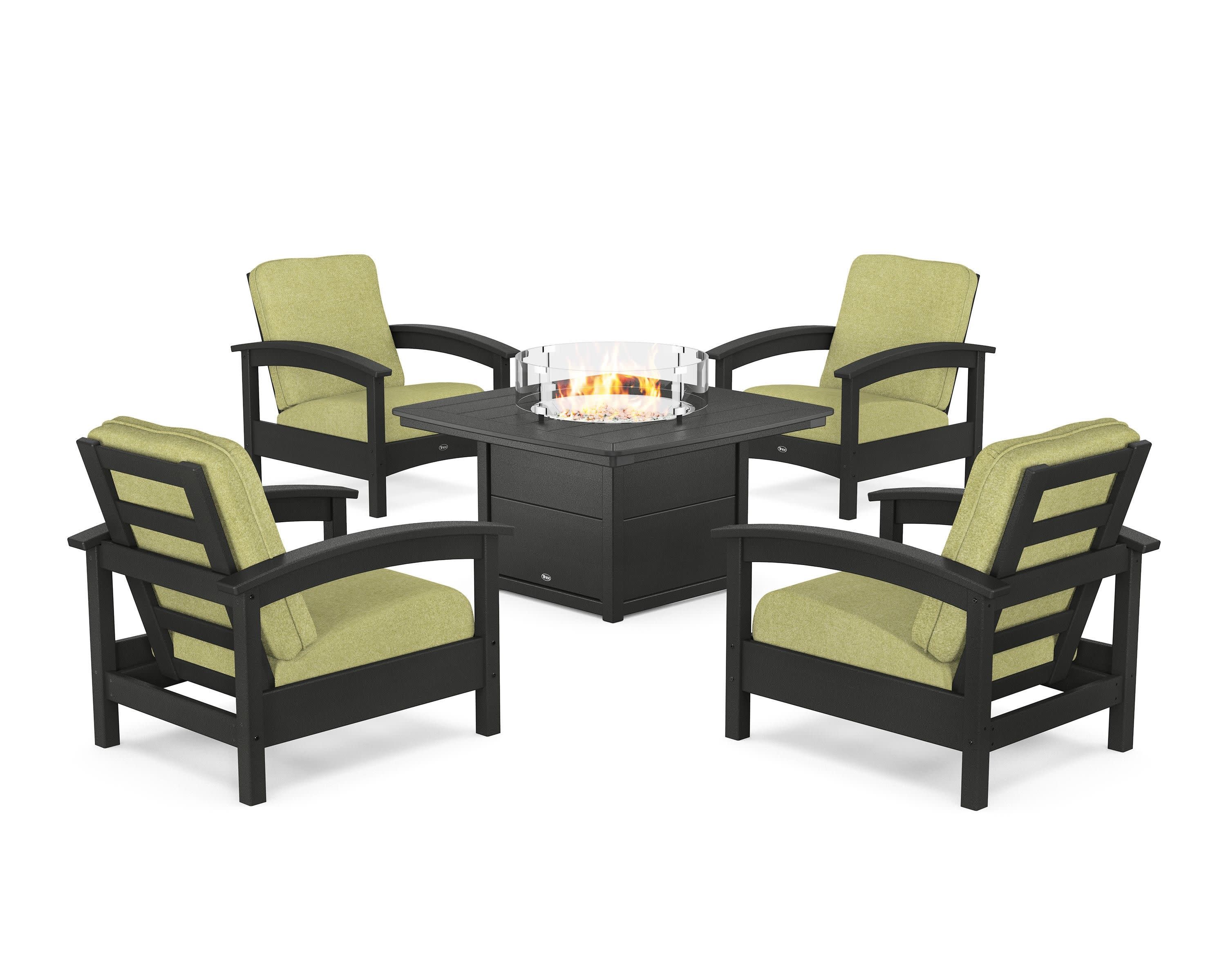 Rockport 5-Piece Deep Seating Set with Yacht Club Fire Pit Table in Charcoal Black / Chartreuse Boucle
