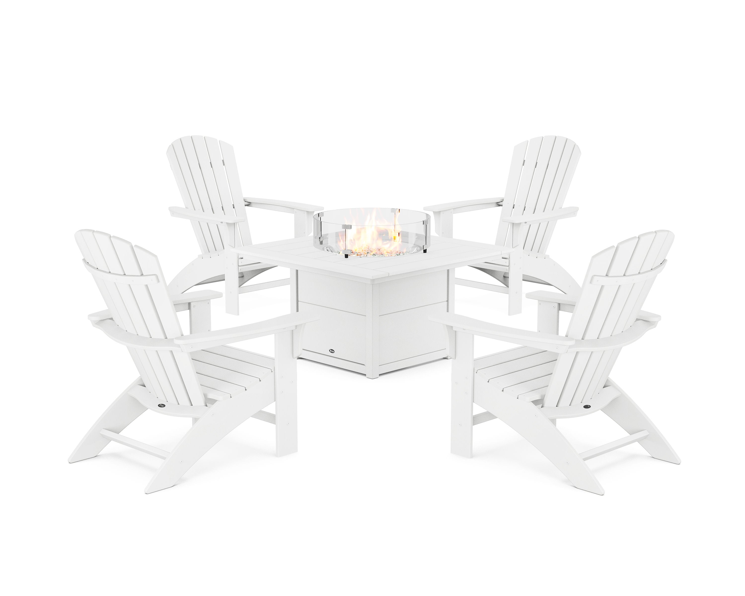 Yacht Club Adirondack 5-Piece Set with Square Fire Pit Table in Classic White