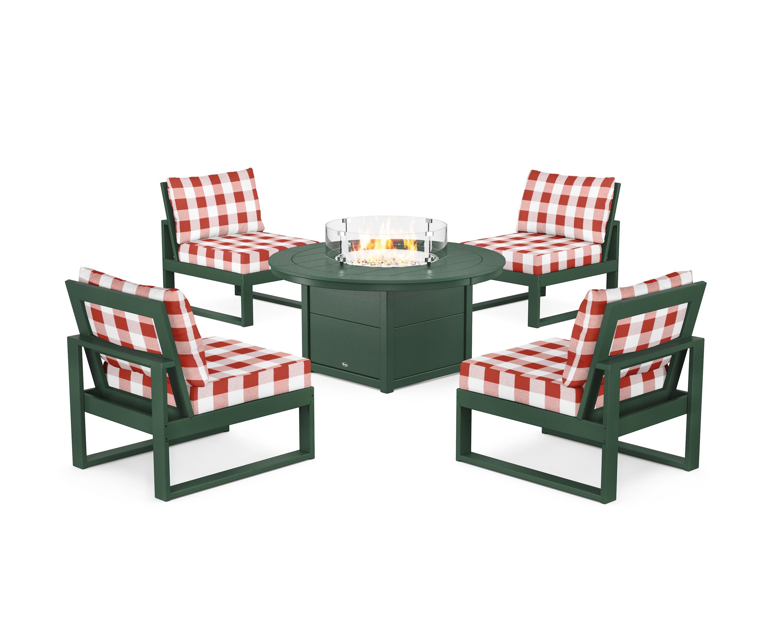 Eastport Modular 5-Piece Deep Seating Set with Round Fire Pit Table in Rainforest Canopy / Buffalo Plaid Crimson