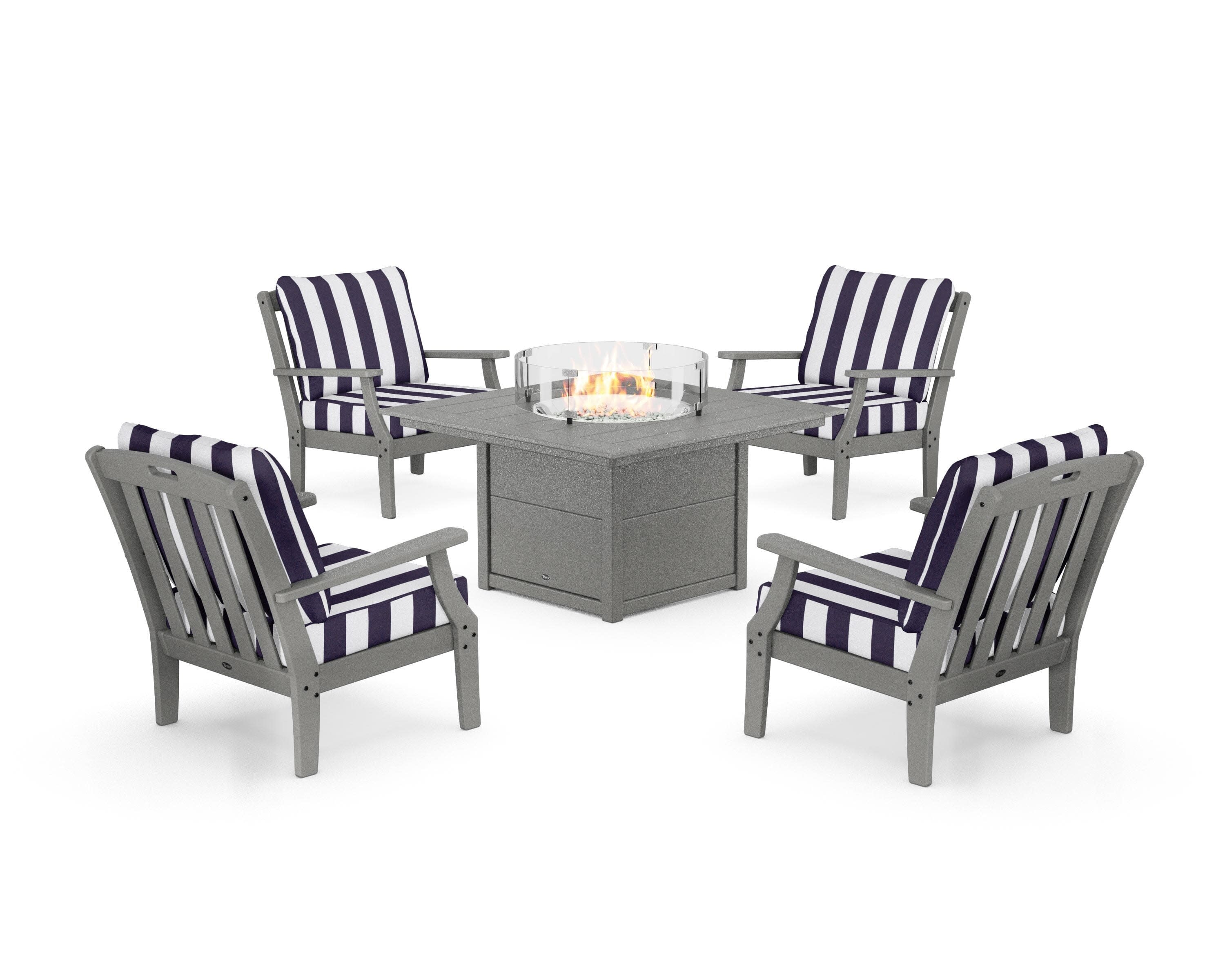 Yacht Club 5-Piece Deep Seating Set with Square Fire Pit Table in Stepping Stone / Cabana Stripe Navy