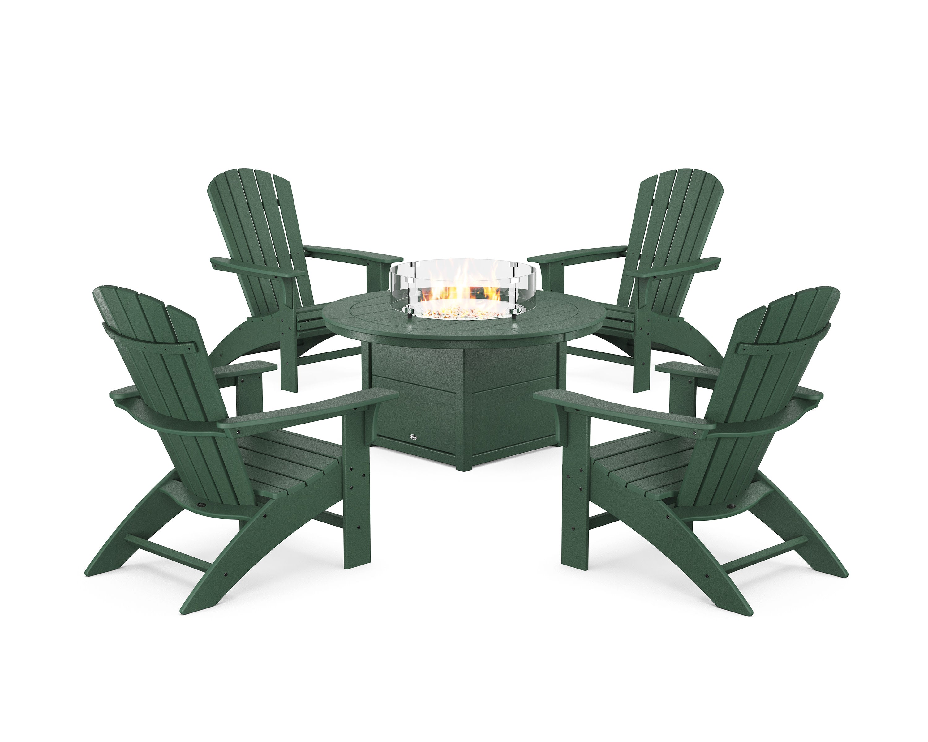 Yacht Club Adirondack 5-Piece Set with Round Fire Pit Table in Rainforest Canopy