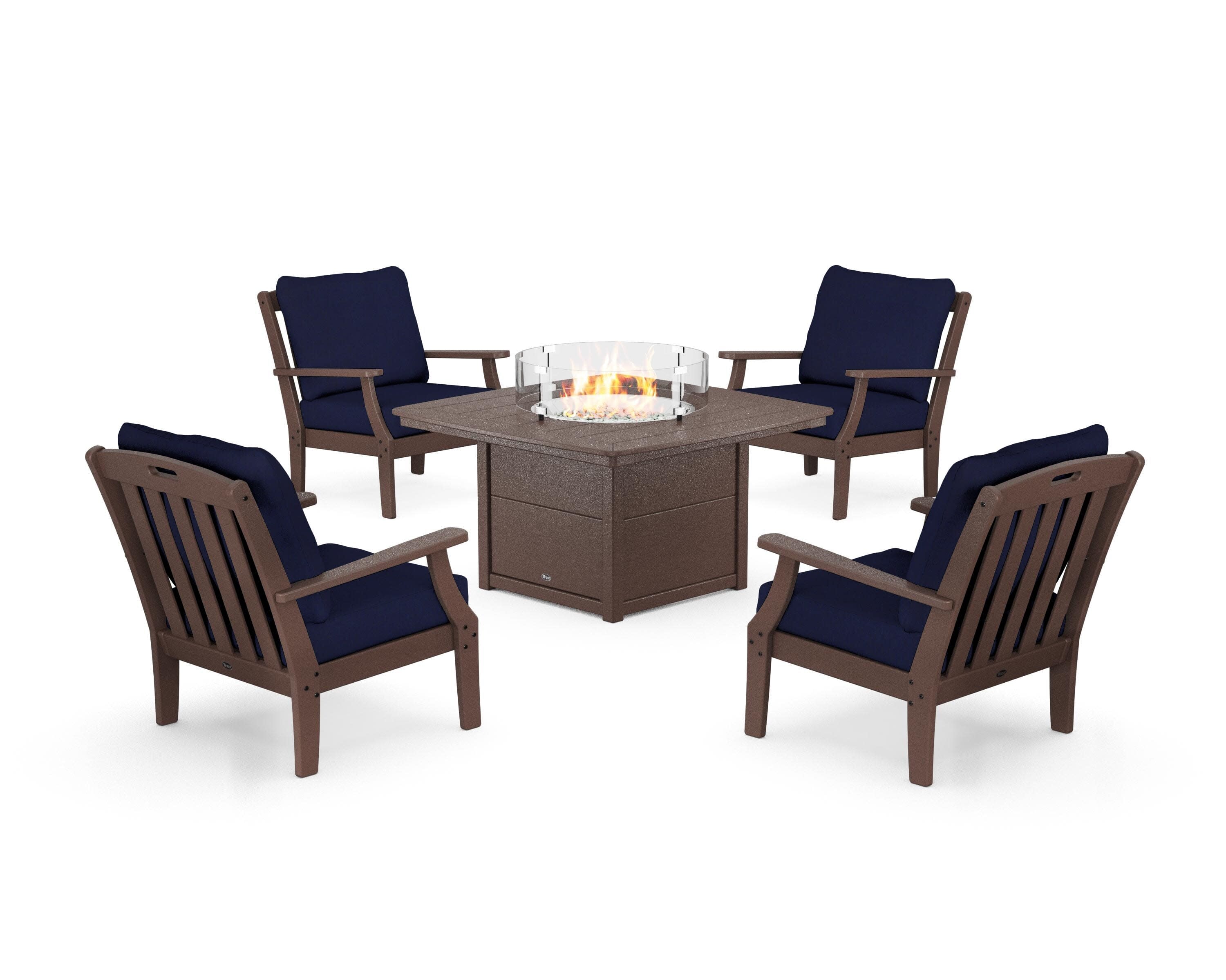 Yacht Club 5-Piece Deep Seating Set with Fire Pit Table in Vintage Lantern / Navy