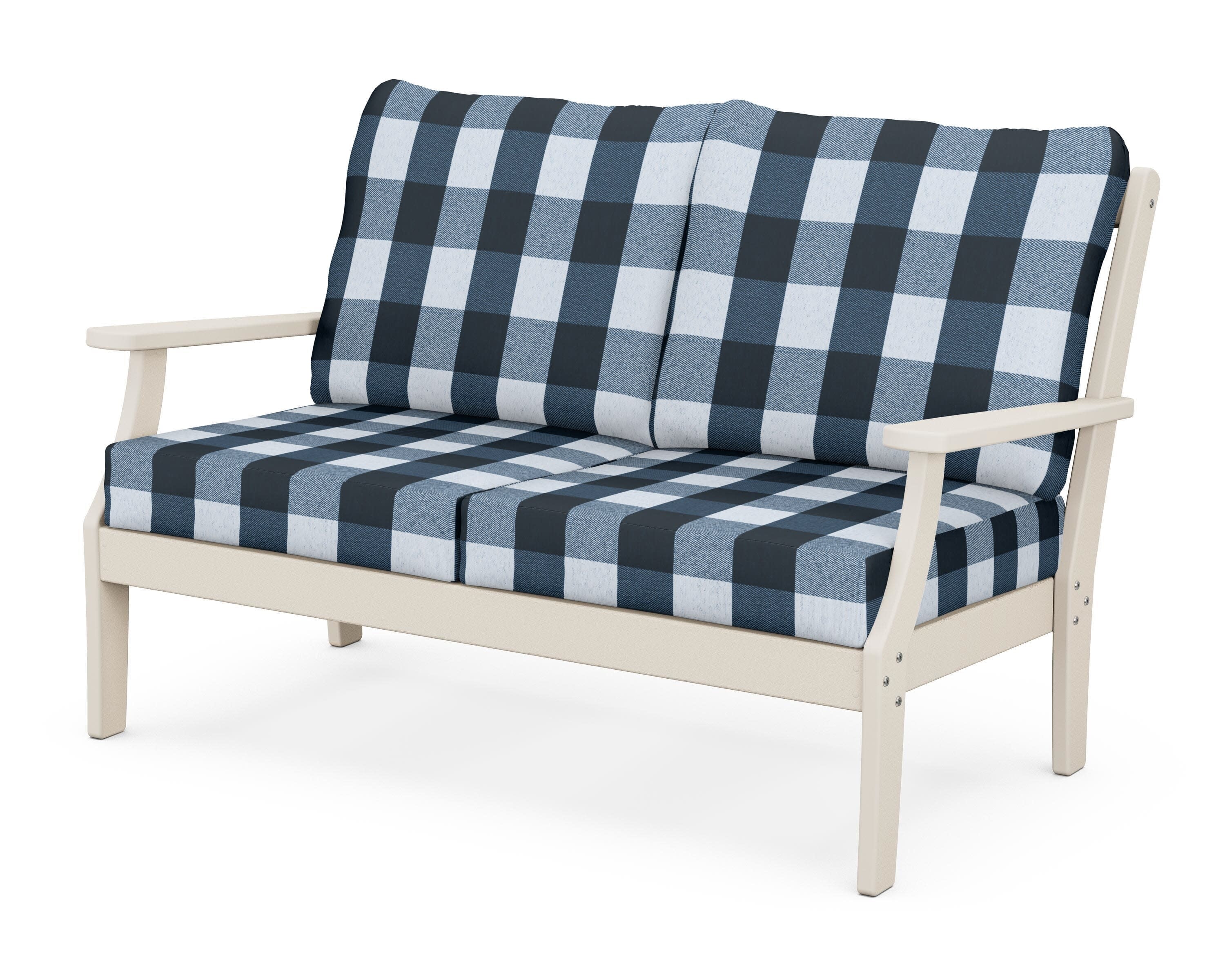Yacht Club Deep Seating Loveseat in Sand Castle / Buffalo Plaid Marine Indigo