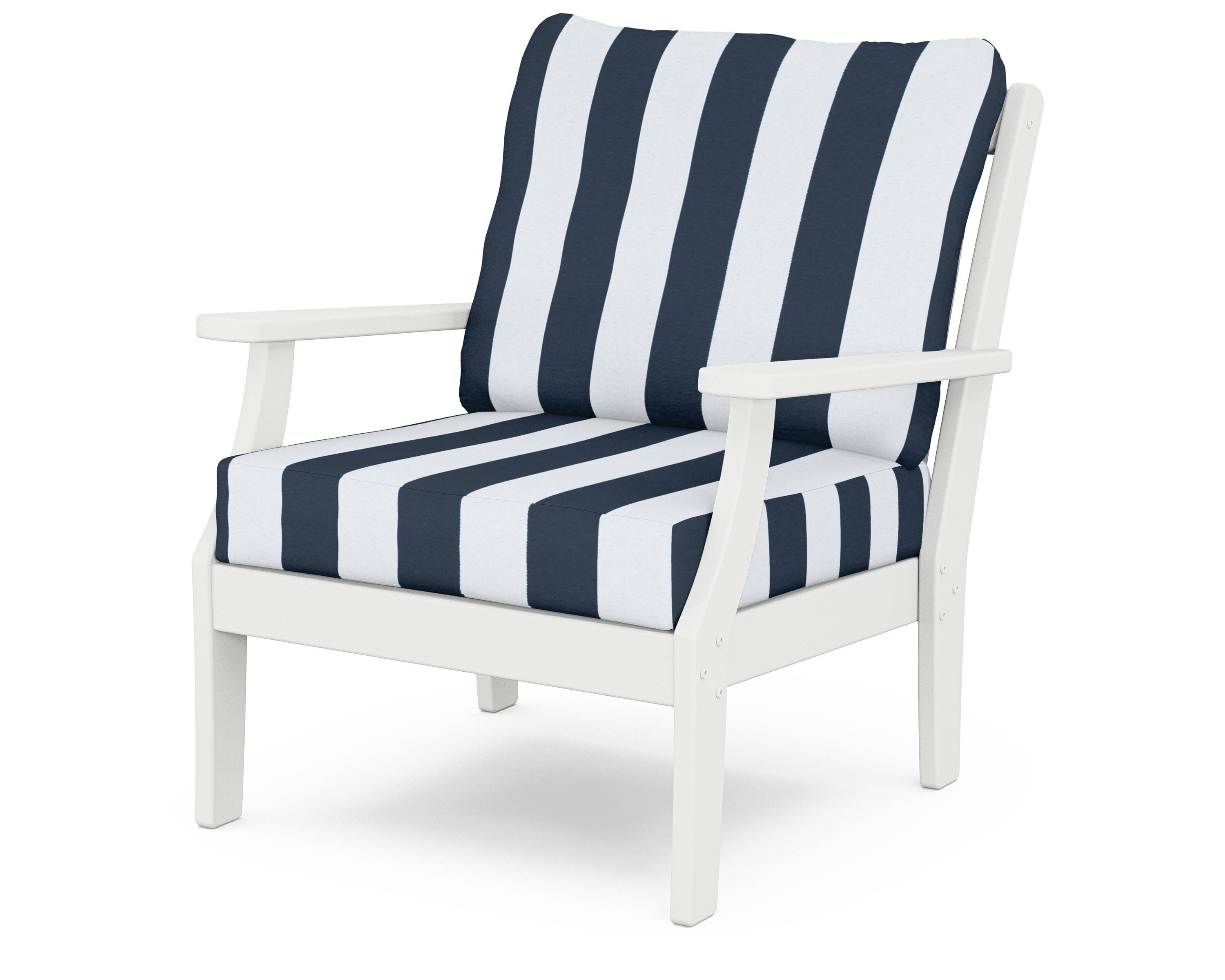 Yacht Club Deep Seating Chair in Classic White / Cabana Stripe Marine Indigo