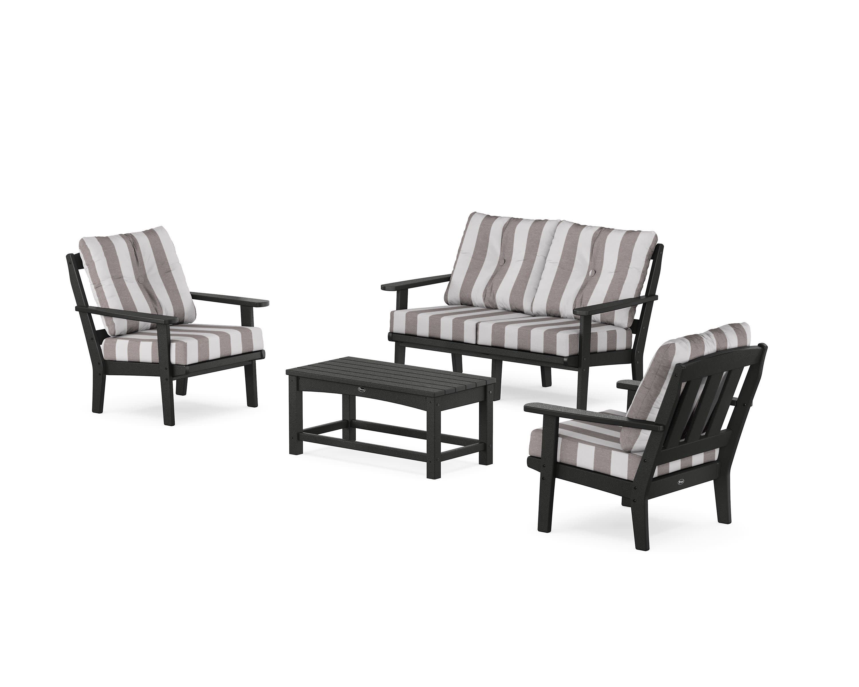 Cape Cod 4-Piece Deep Seating Set with Loveseat in Charcoal Black / Cabana Stripe Grey Mist