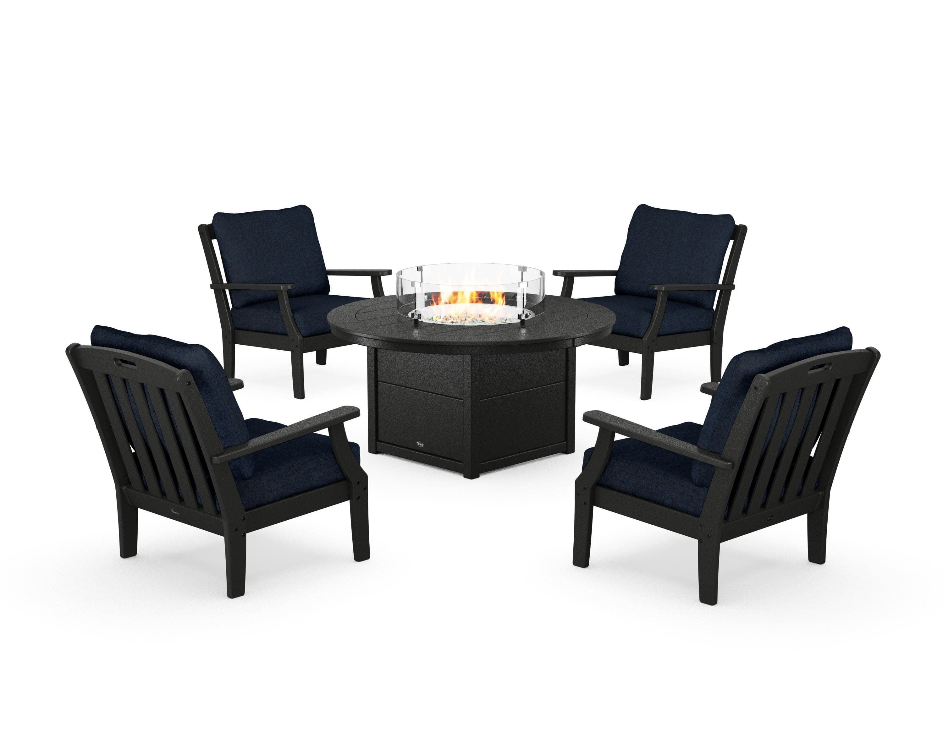 Yacht Club 5-Piece Deep Seating Set with Round Fire Pit Table in Charcoal Black / Marine Indigo