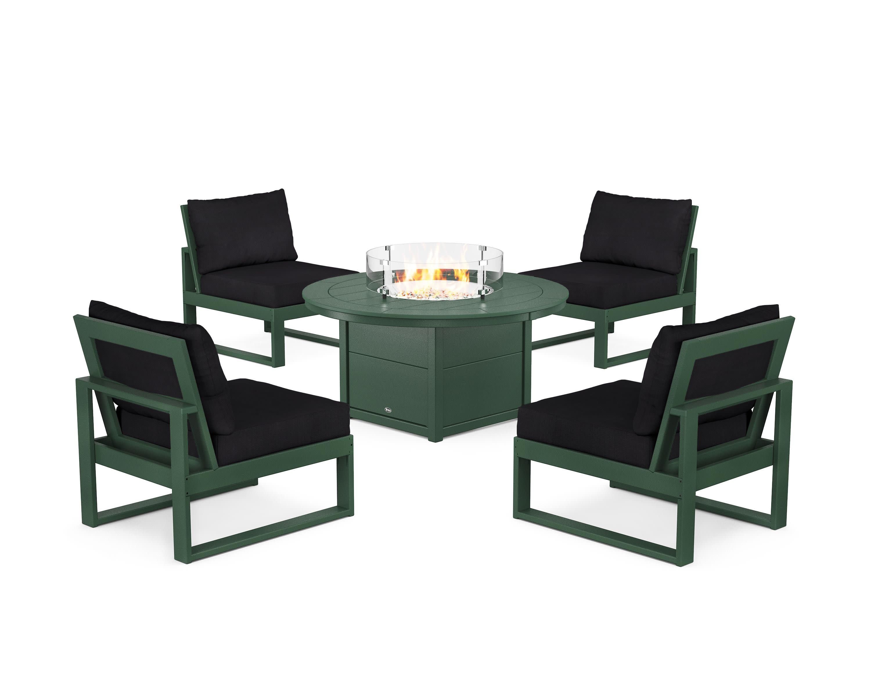 Eastport Modular 5-Piece Deep Seating Set with Round Fire Pit Table in Rainforest Canopy / Midnight Linen