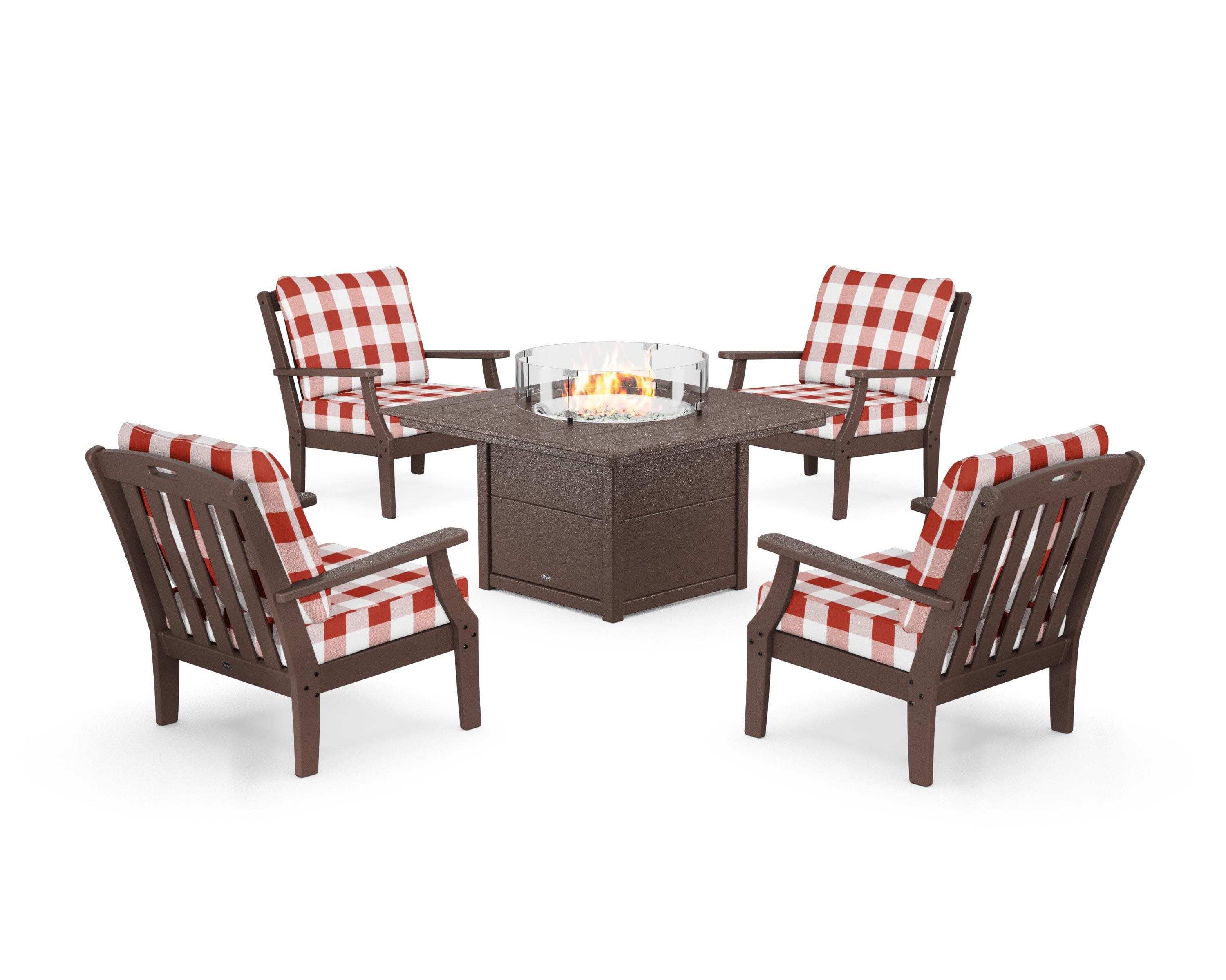 Yacht Club 5-Piece Deep Seating Set with Square Fire Pit Table in Vintage Lantern / Buffalo Plaid Crimson