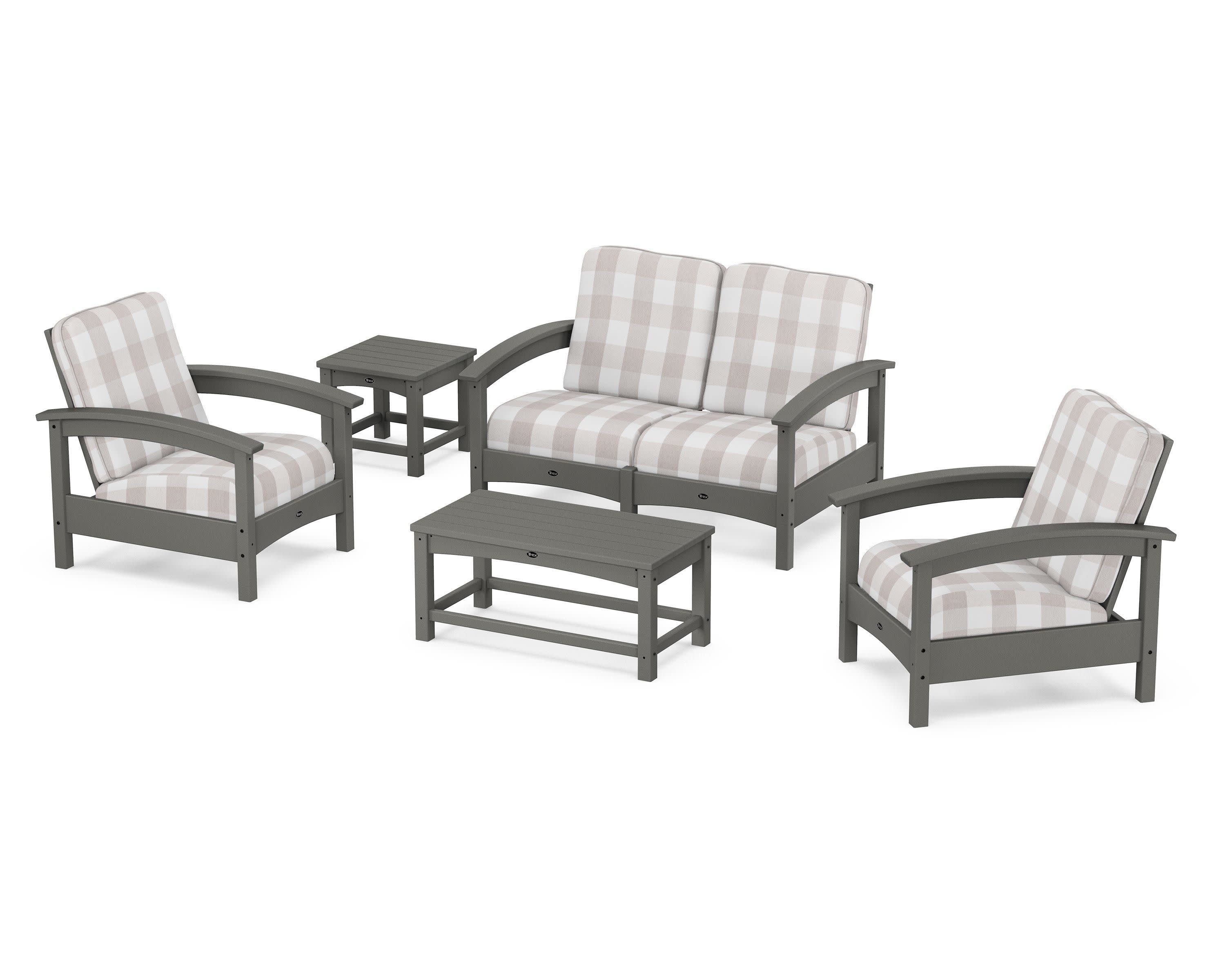 Rockport Club 6-Piece Deep Seating Conversation Set in Stepping Stone / Buffalo Plaid Dune Burlap