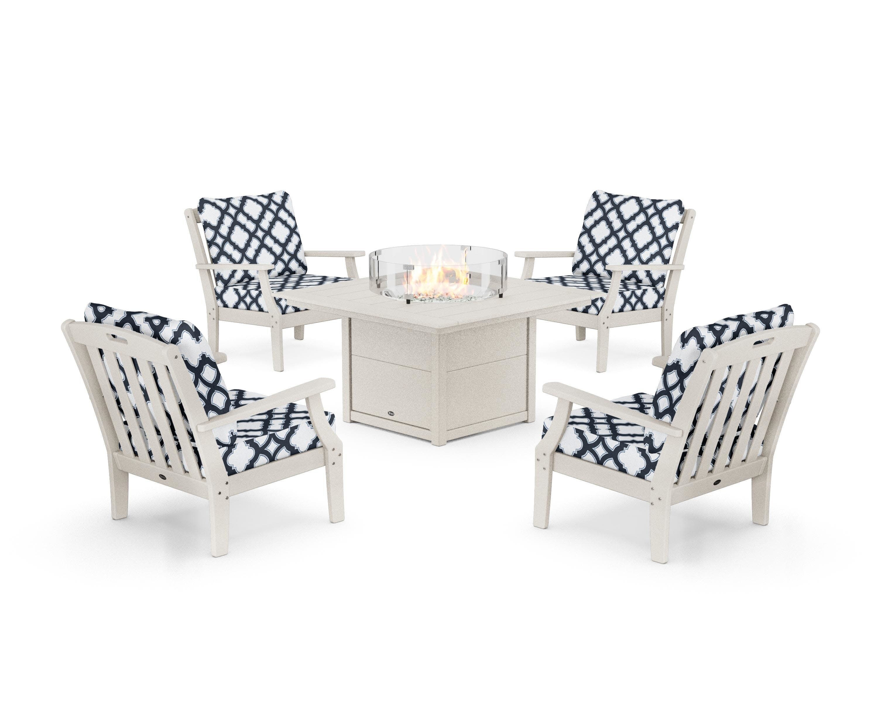 Yacht Club 5-Piece Deep Seating Set with Square Fire Pit Table in Sand Castle / Trellis Marine Indigo