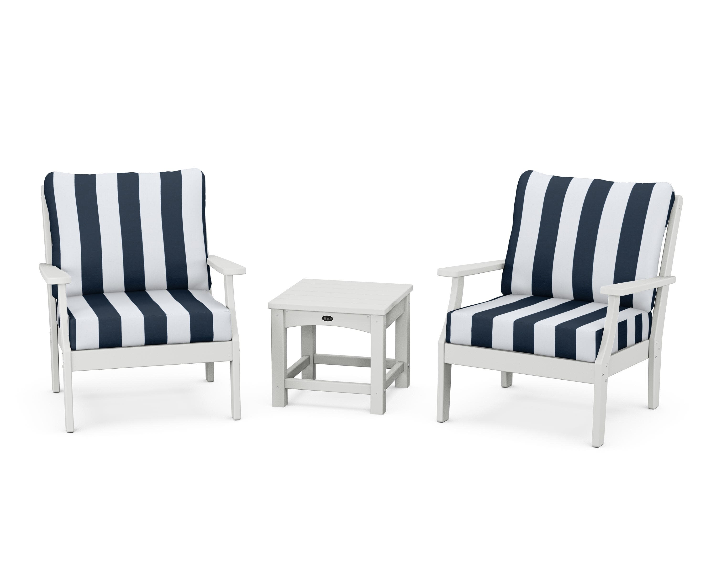 Yacht Club 3-Piece Deep Seating Set in Classic White / Cabana Stripe Marine Indigo