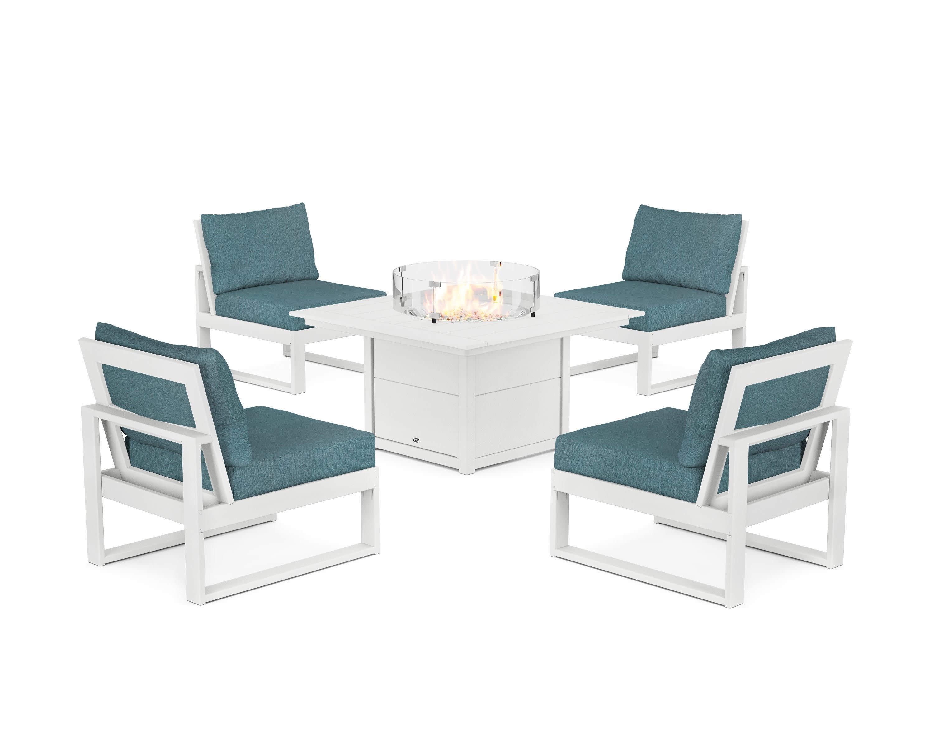 Eastport Modular 5-Piece Deep Seating Set with Square Fire Pit Table in Classic White / Ocean Teal