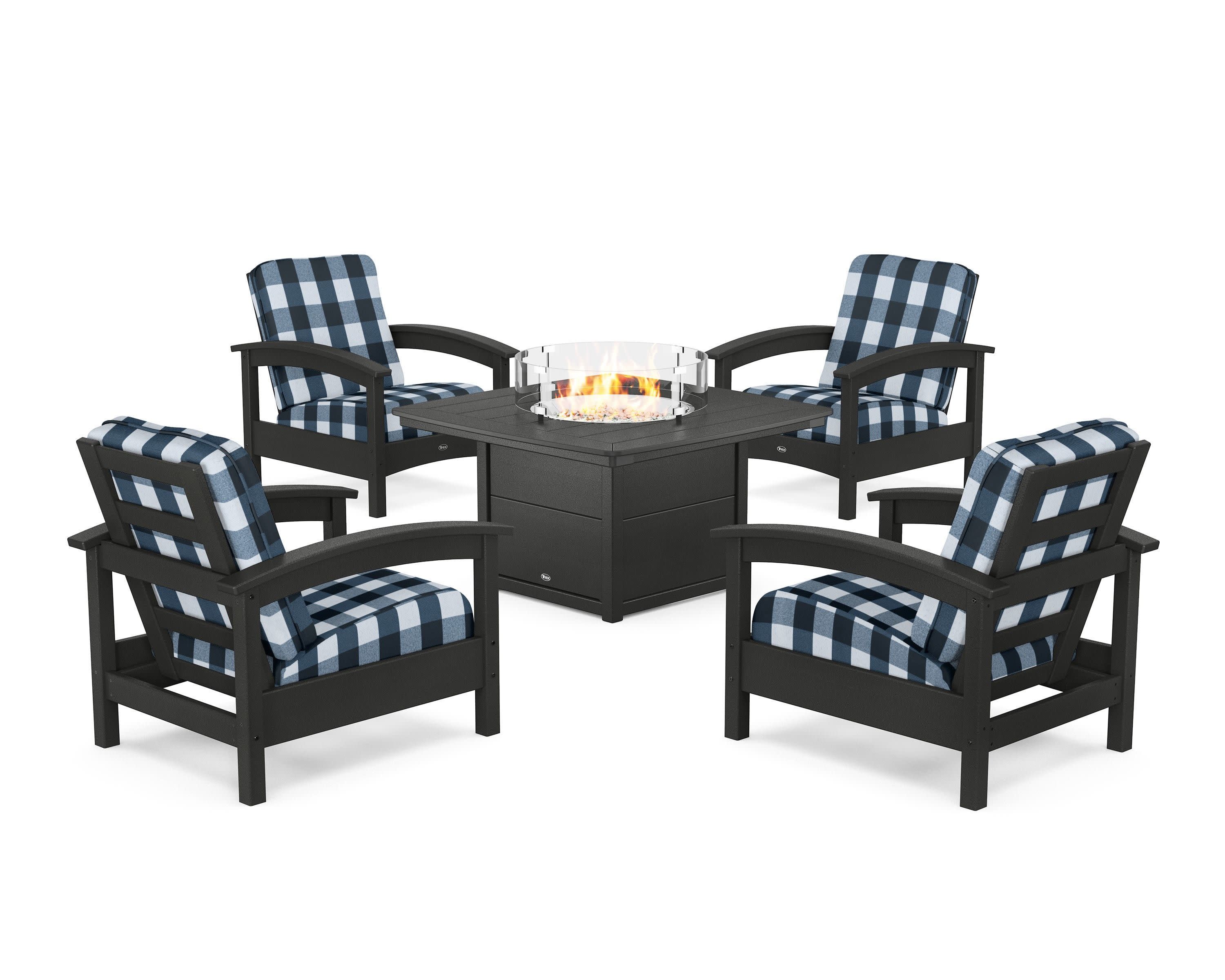 Rockport 5-Piece Deep Seating Set with Yacht Club Fire Pit Table in Charcoal Black / Buffalo Plaid Marine Indigo