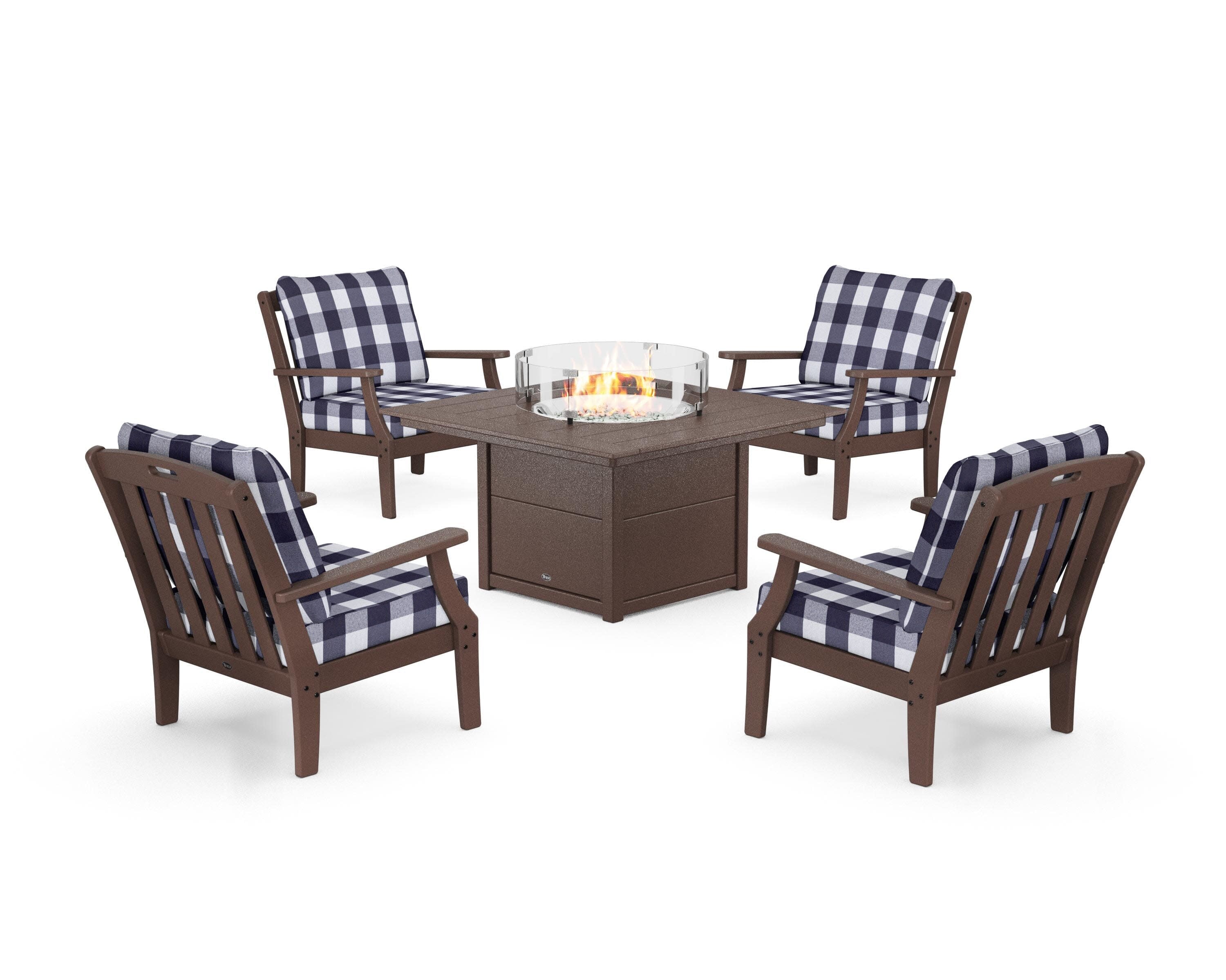 Yacht Club 5-Piece Deep Seating Set with Square Fire Pit Table in Vintage Lantern / Buffalo Plaid Navy