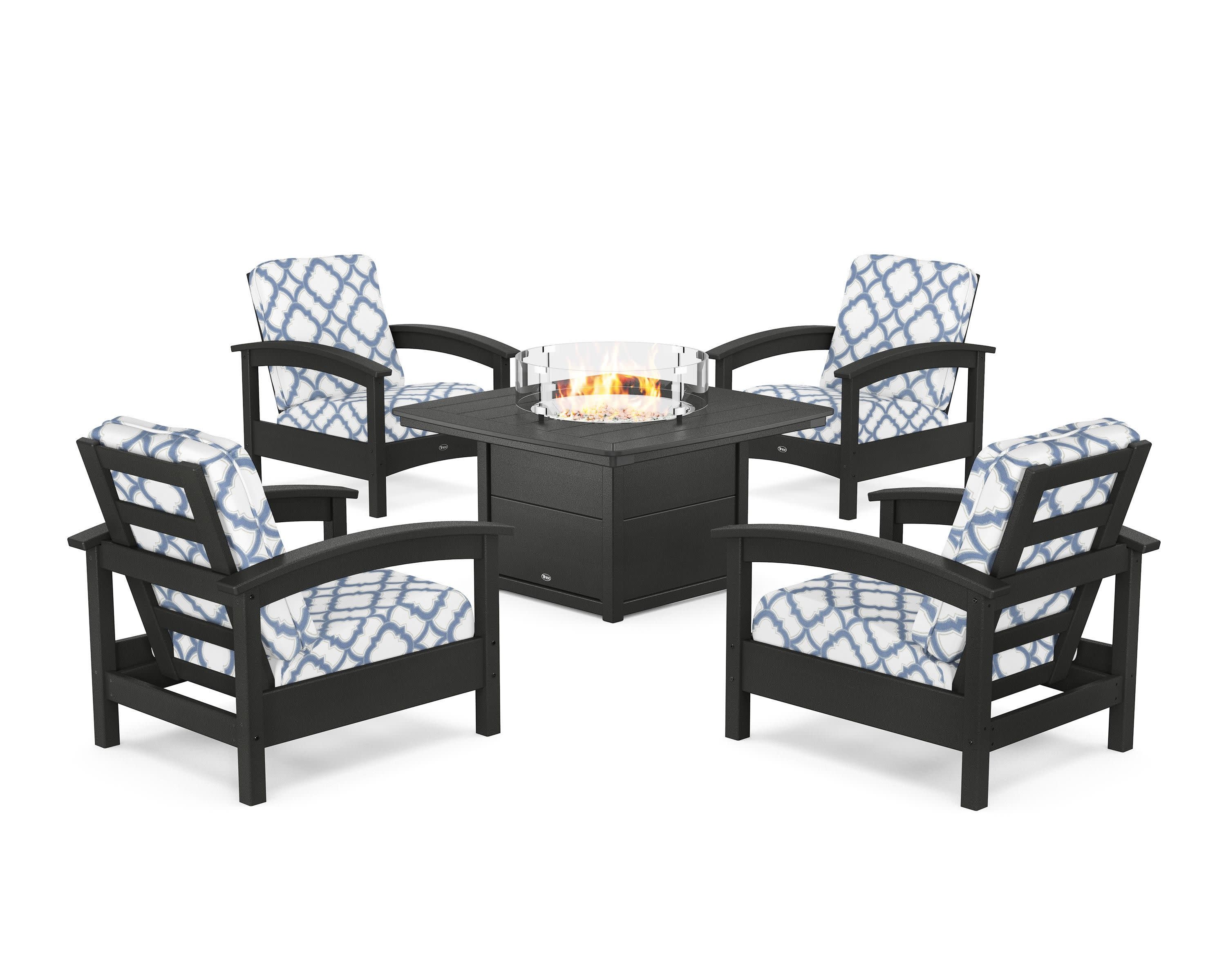 Rockport 5-Piece Deep Seating Set with Yacht Club Fire Pit Table in Charcoal Black / Trellis Sky Blue