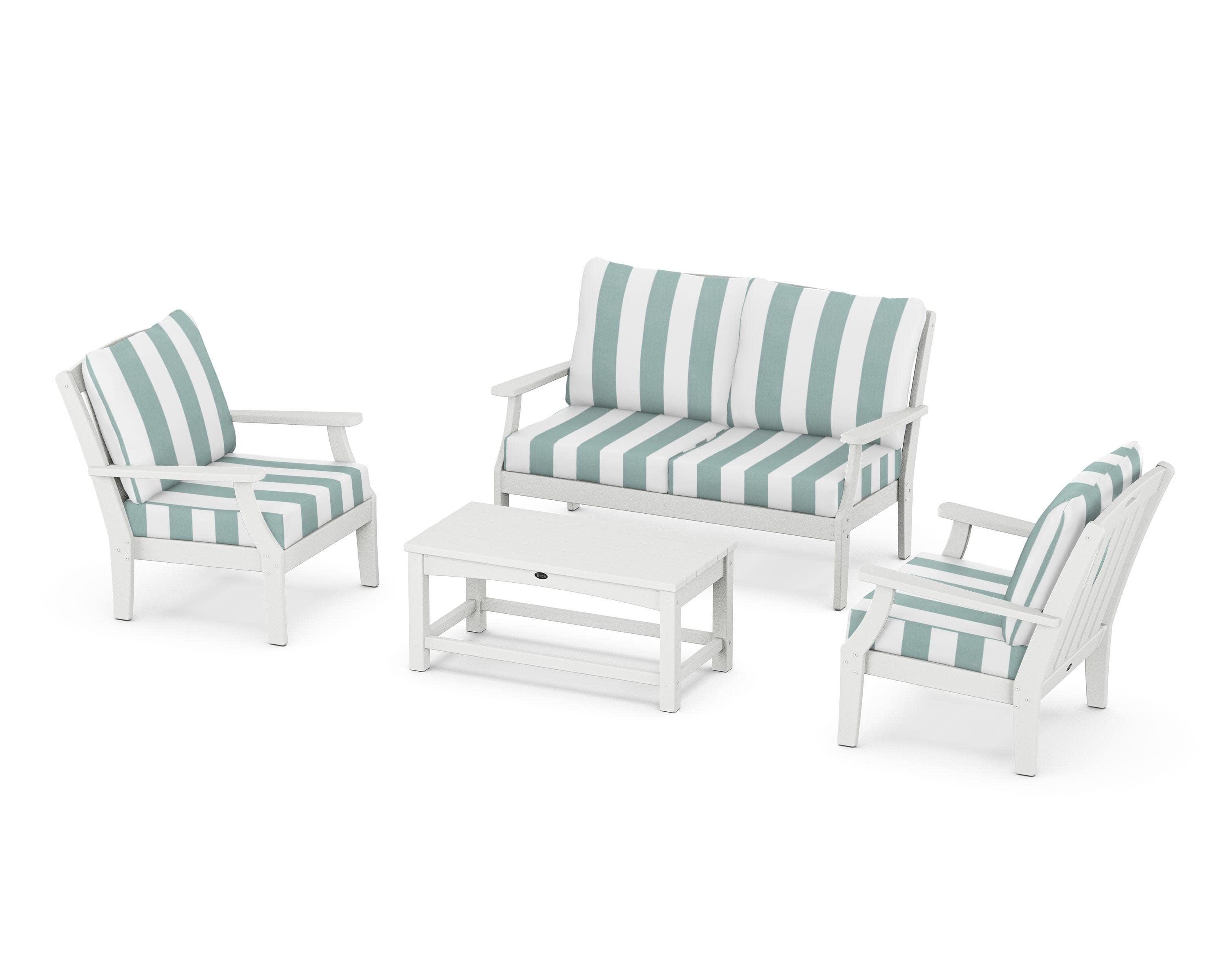 Yacht Club 4-Piece Deep Seating Chair Set in Classic White / Cabana Stripe Glacier Spa