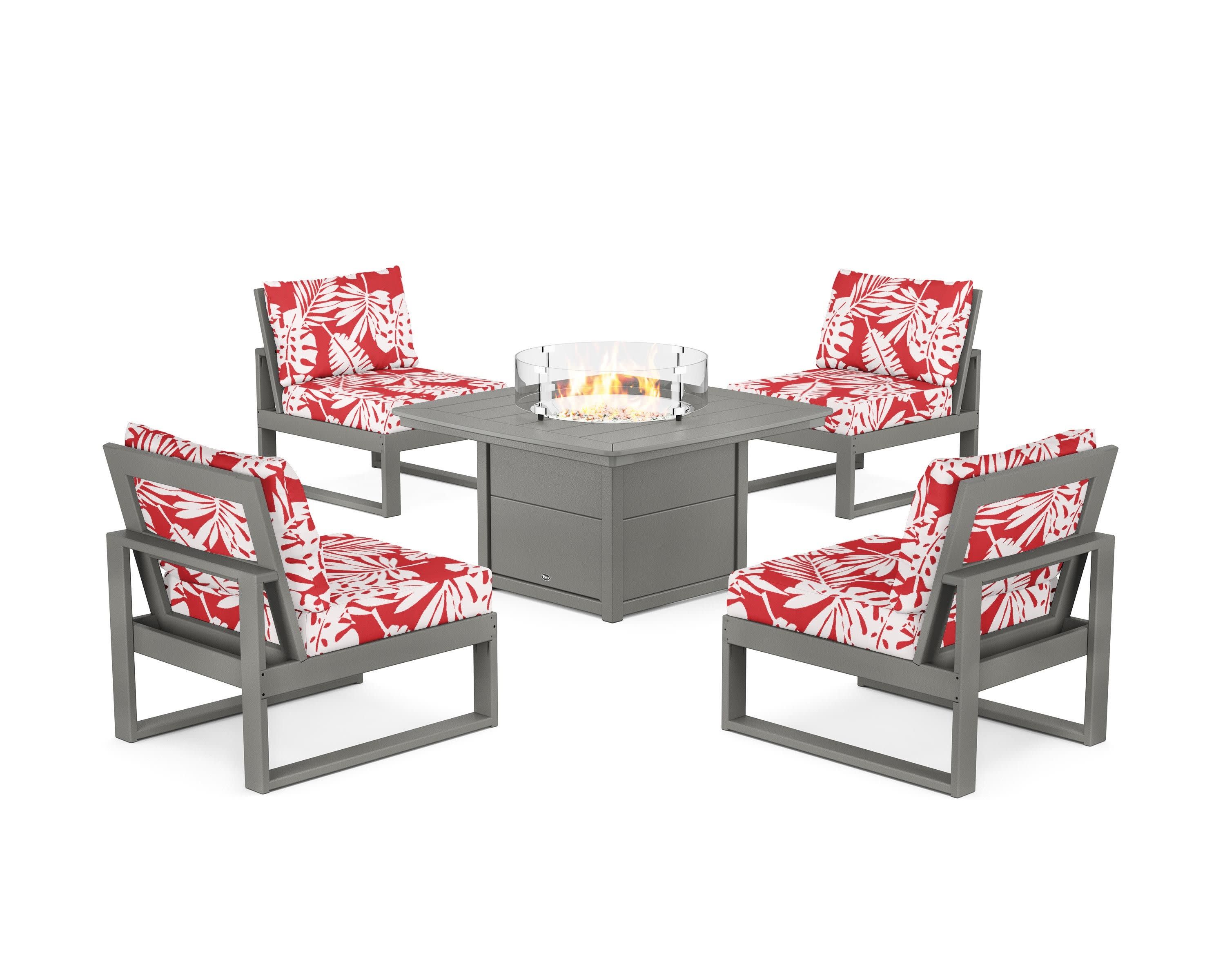 Eastport Modular 5-Piece Deep Seating Set with Yacht Club Fire Pit Table in Stepping Stone / Leaf Crimson