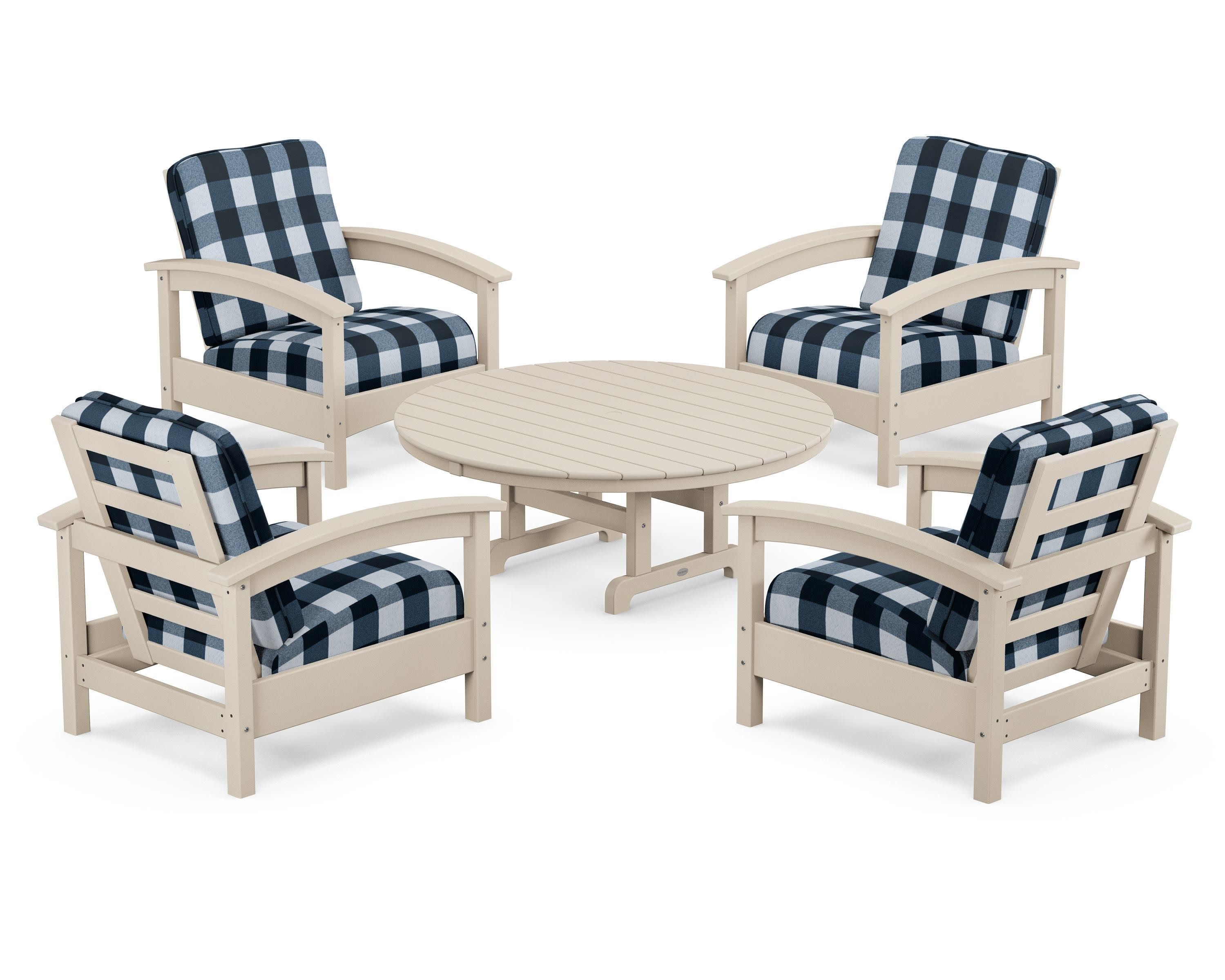 Rockport 5-Piece Deep Seating Set in Sand Castle / Buffalo Plaid Marine Indigo