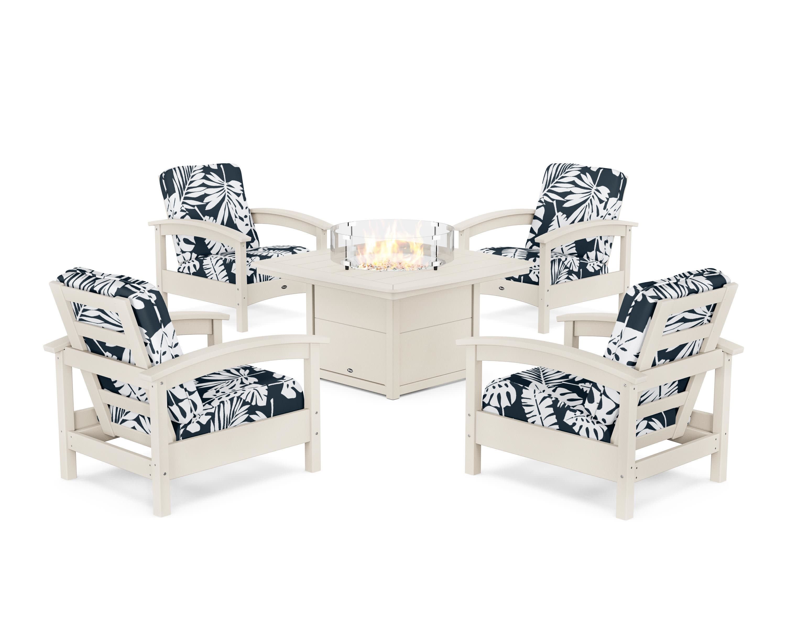 Rockport 5-Piece Deep Seating Set with Yacht Club Fire Pit Table in Sand Castle / Leaf Marine Indigo