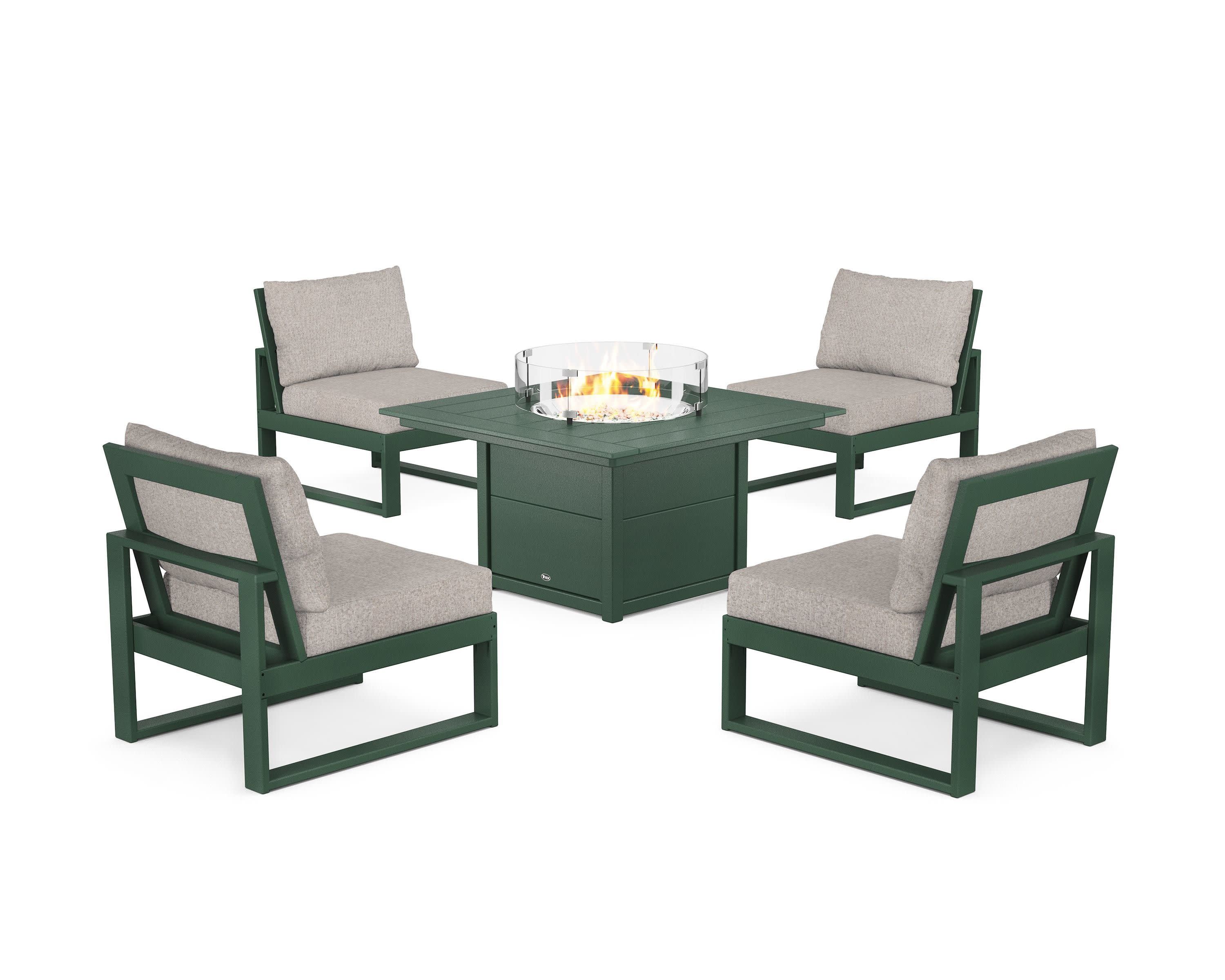 Eastport Modular 5-Piece Deep Seating Set with Square Fire Pit Table in Rainforest Canopy / Weathered Tweed