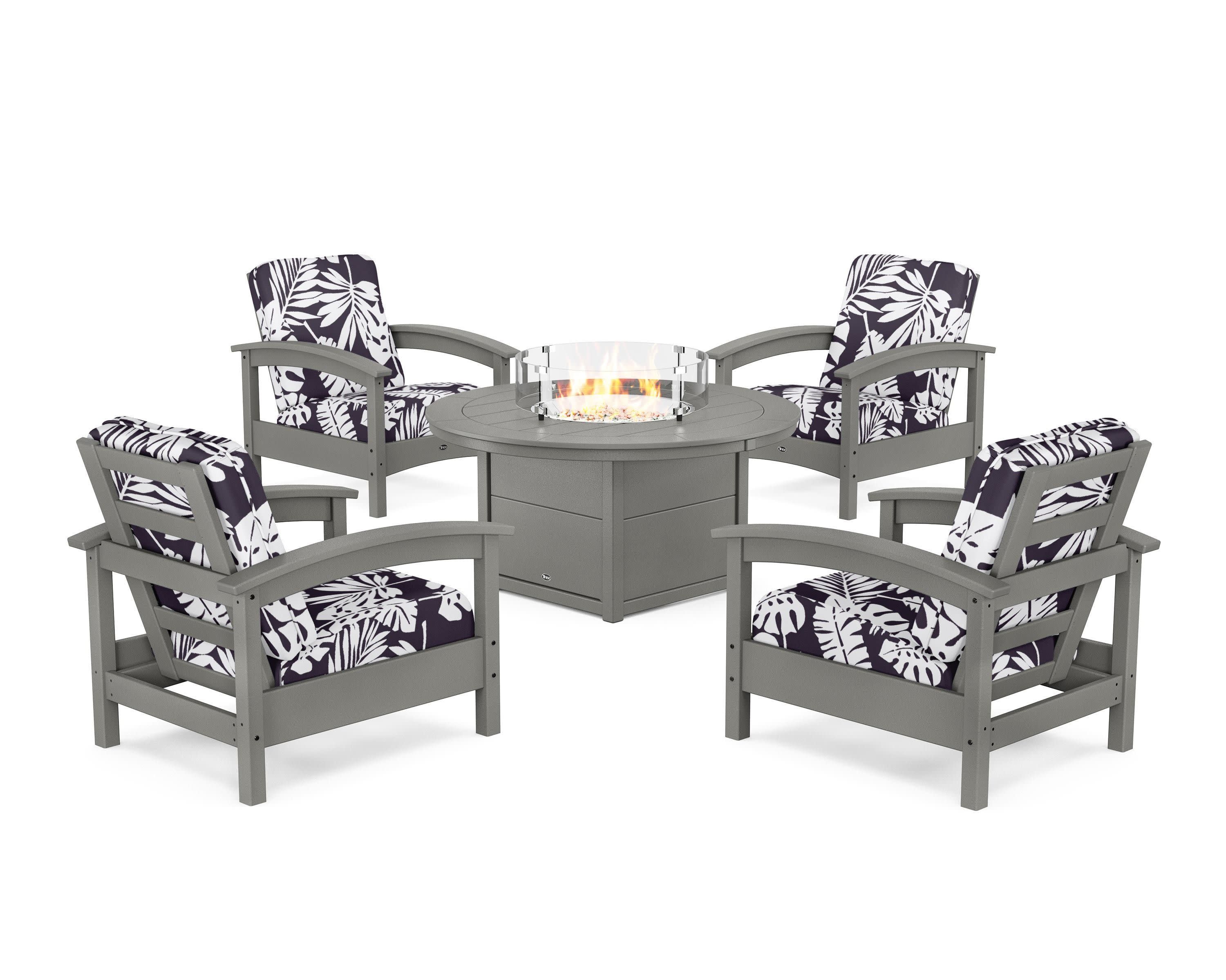 Rockport 5-Piece Deep Seating Set with Round Fire Pit Table in Stepping Stone / Leaf Navy