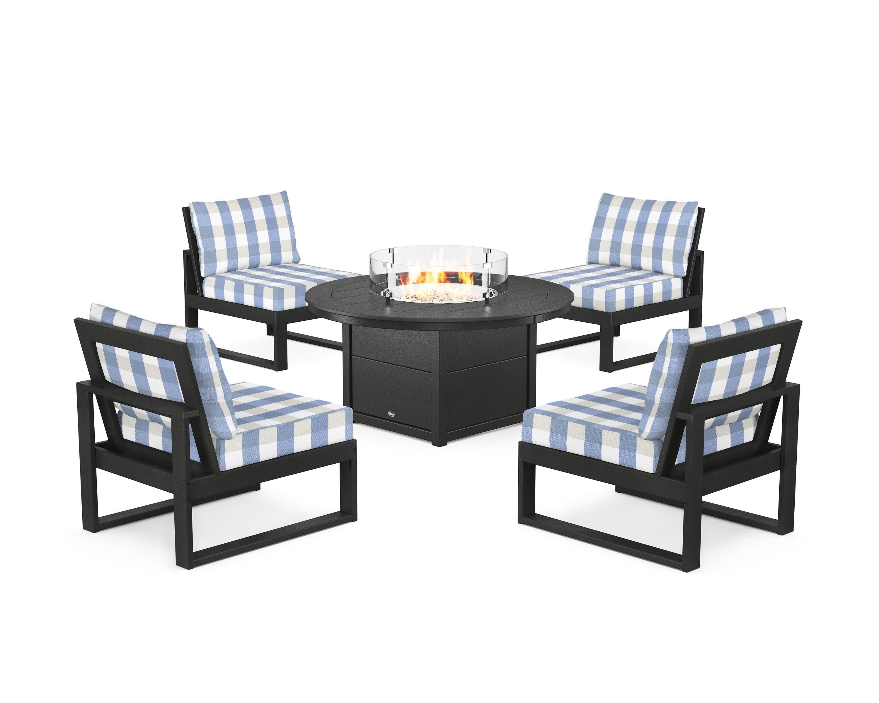 Eastport Modular 5-Piece Deep Seating Set with Round Fire Pit Table in Charcoal Black / Buffalo Plaid Sky Blue