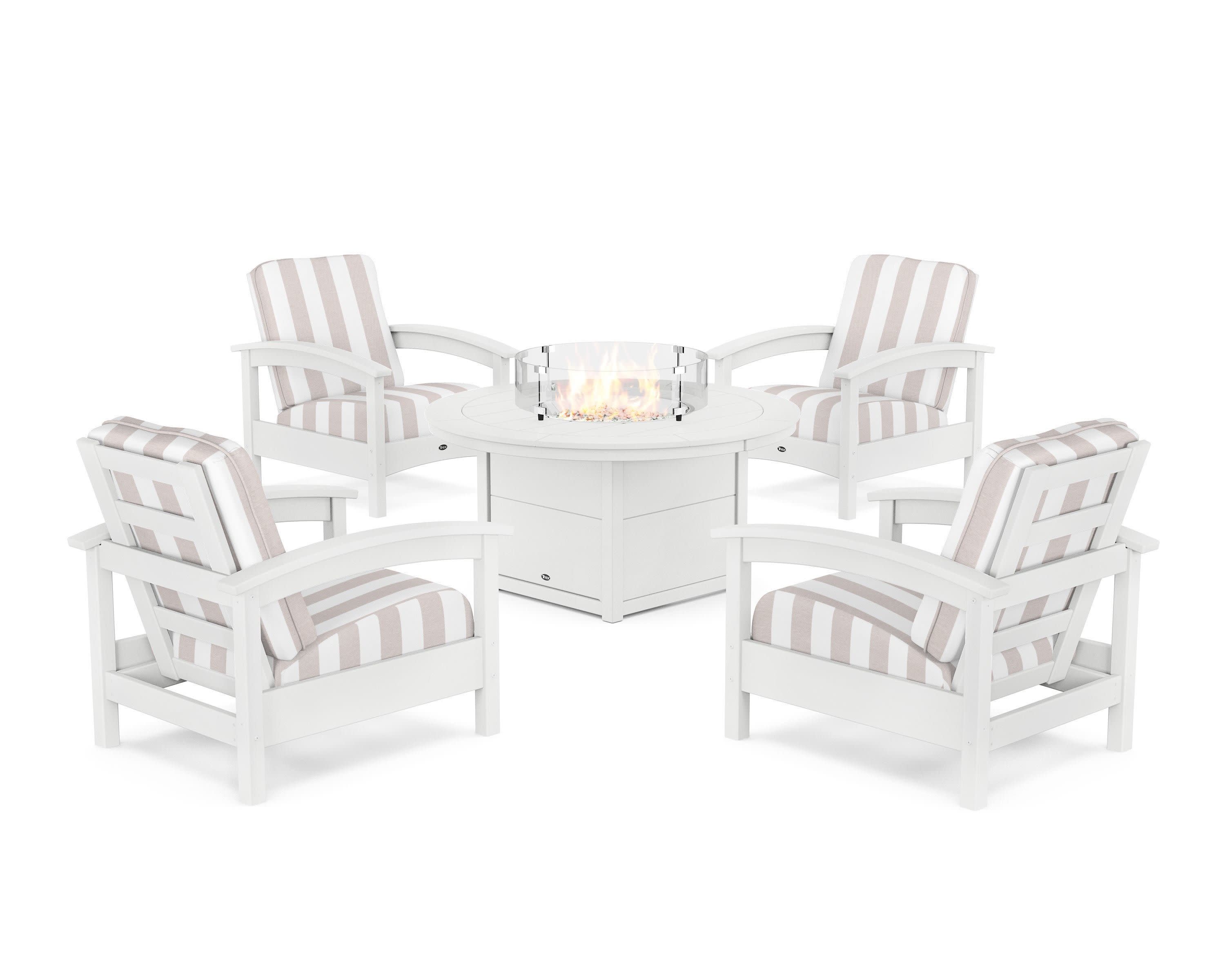 Rockport 5-Piece Deep Seating Set with Round Fire Pit Table in Classic White / Cabana Stripe Dune Burlap
